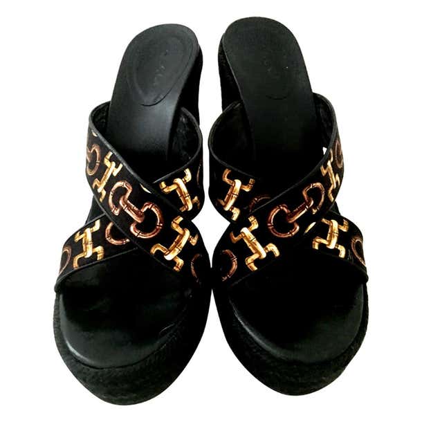 20th Century Gucci Silk Horsebit Raffia Wedge Platform Sandals at ...