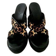 20th Century Gucci Silk Horsebit Raffia Wedge Platform Sandals