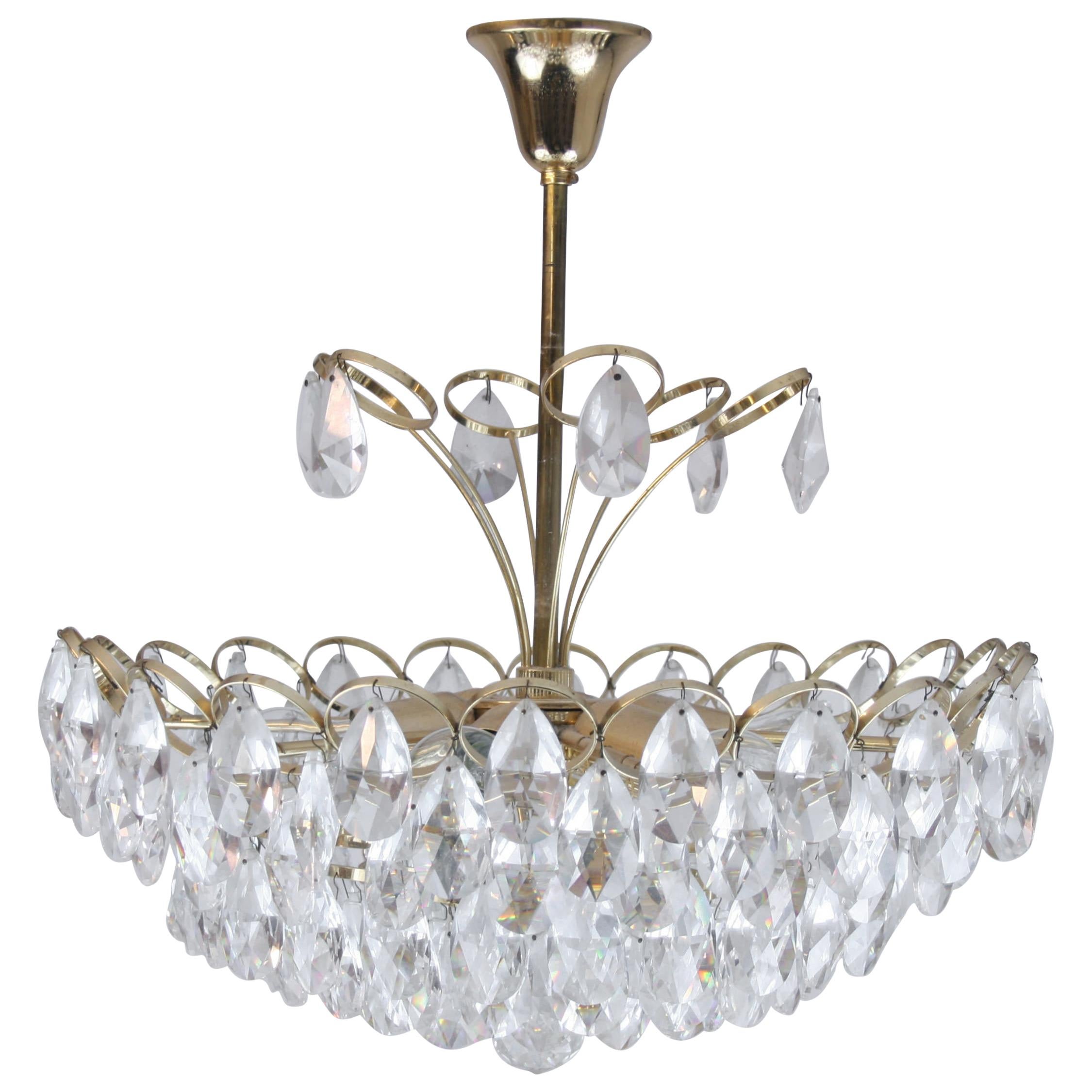 20th Century Guilded Crystal Brass Chandelier by Palwa Large Pendant Lamp