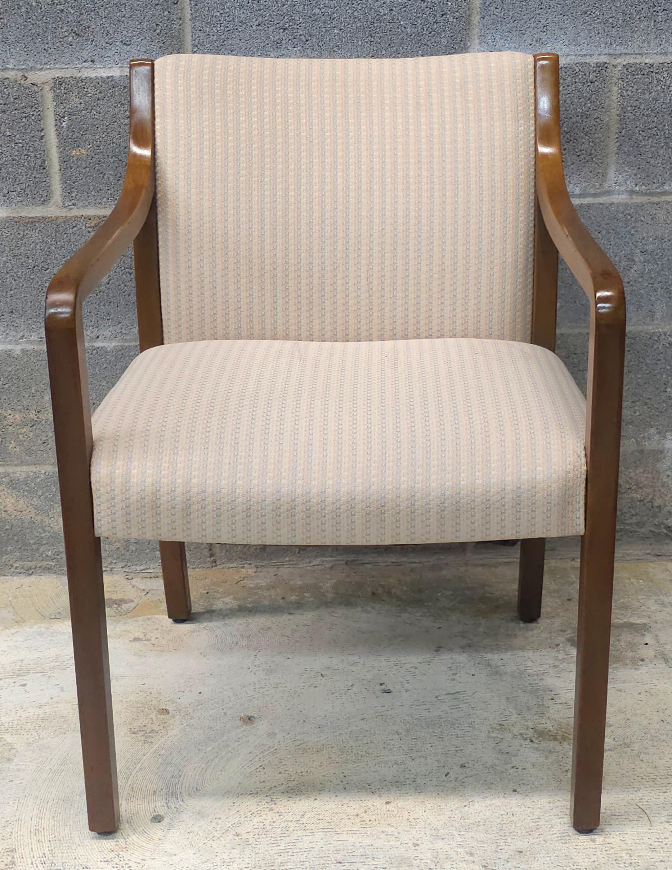 A Late 20th Century Gunlocke modernist solid Oak and Upholstered Armchairs, guess chair. Measure 23