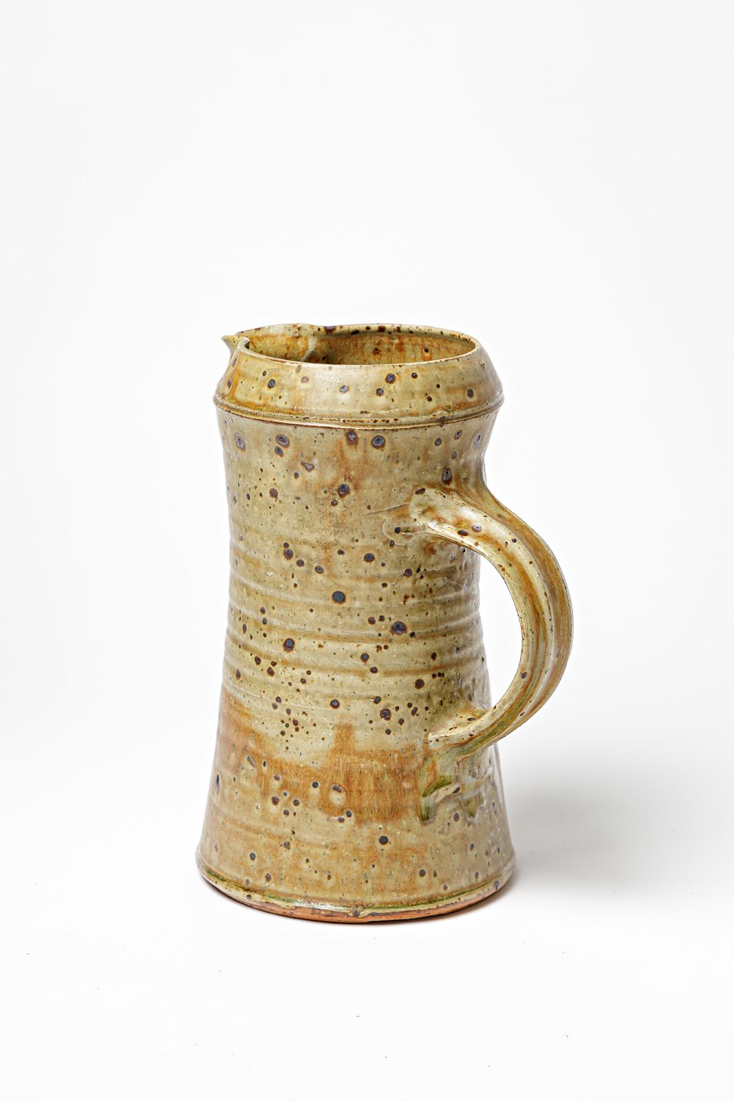 Mid-Century Modern 20th century Gustave Tiffoche 1970 unique piece stoneware ceramic pitcher 26cm For Sale