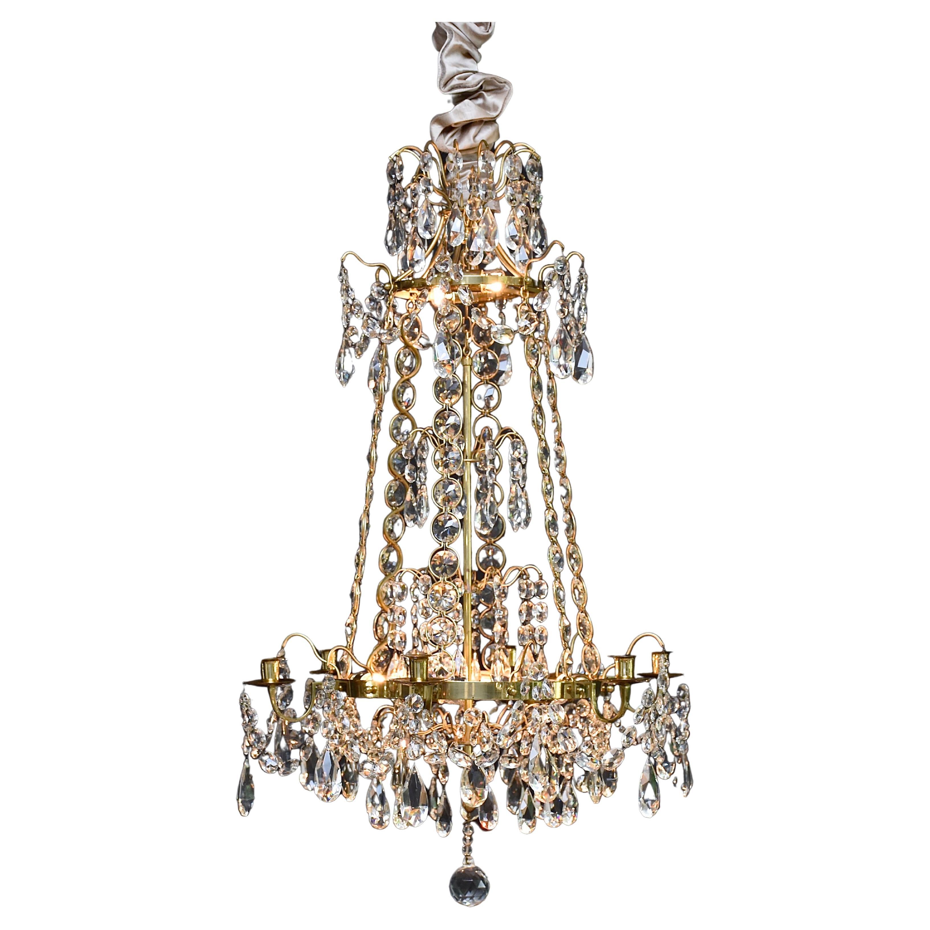 20th century Gustavian style gilt brass and crystal chandelier 'Hagamodel'