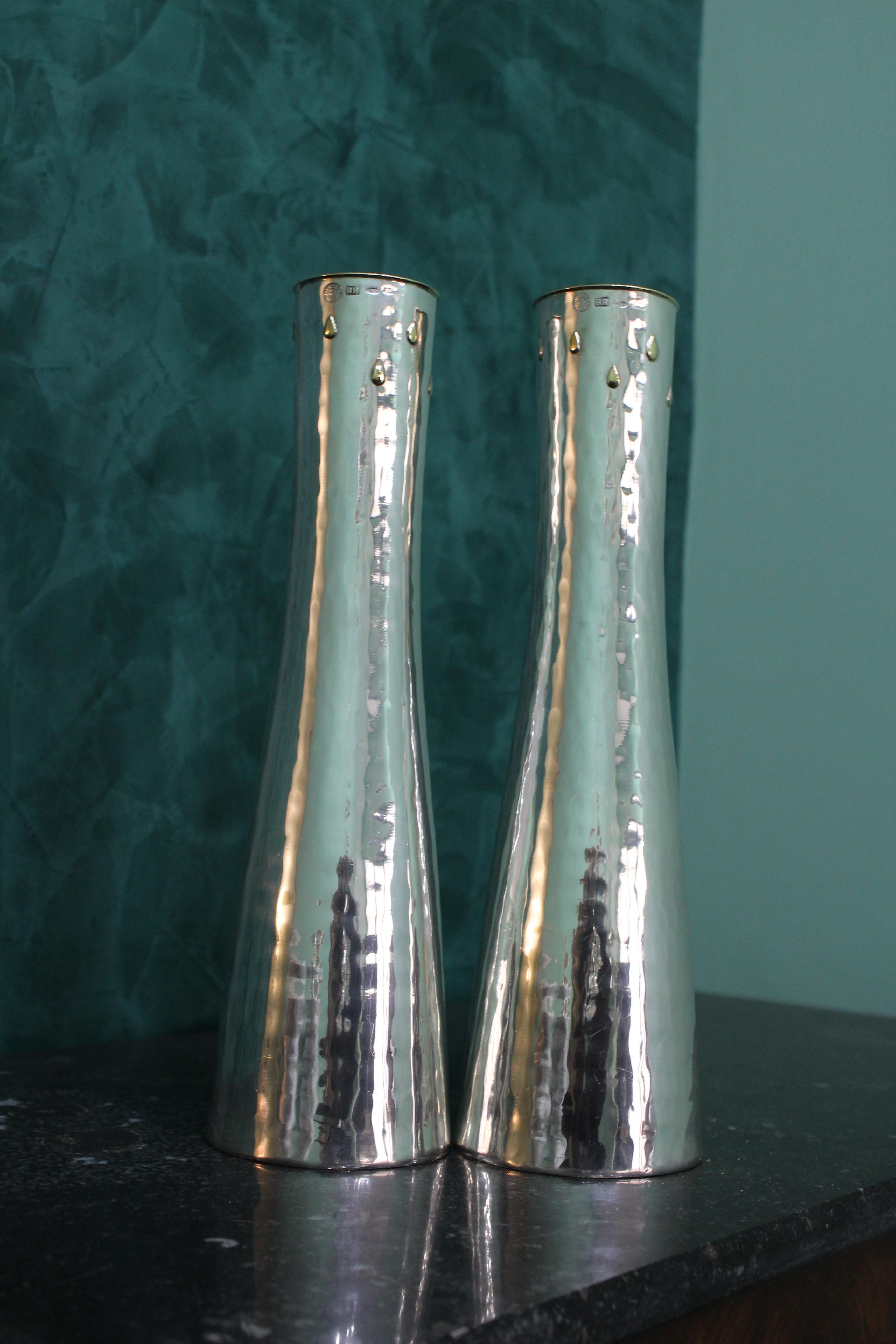 20th Century Hammered Silver Gold Drops Vases Brandimarte Italy Florence, 1970 9
