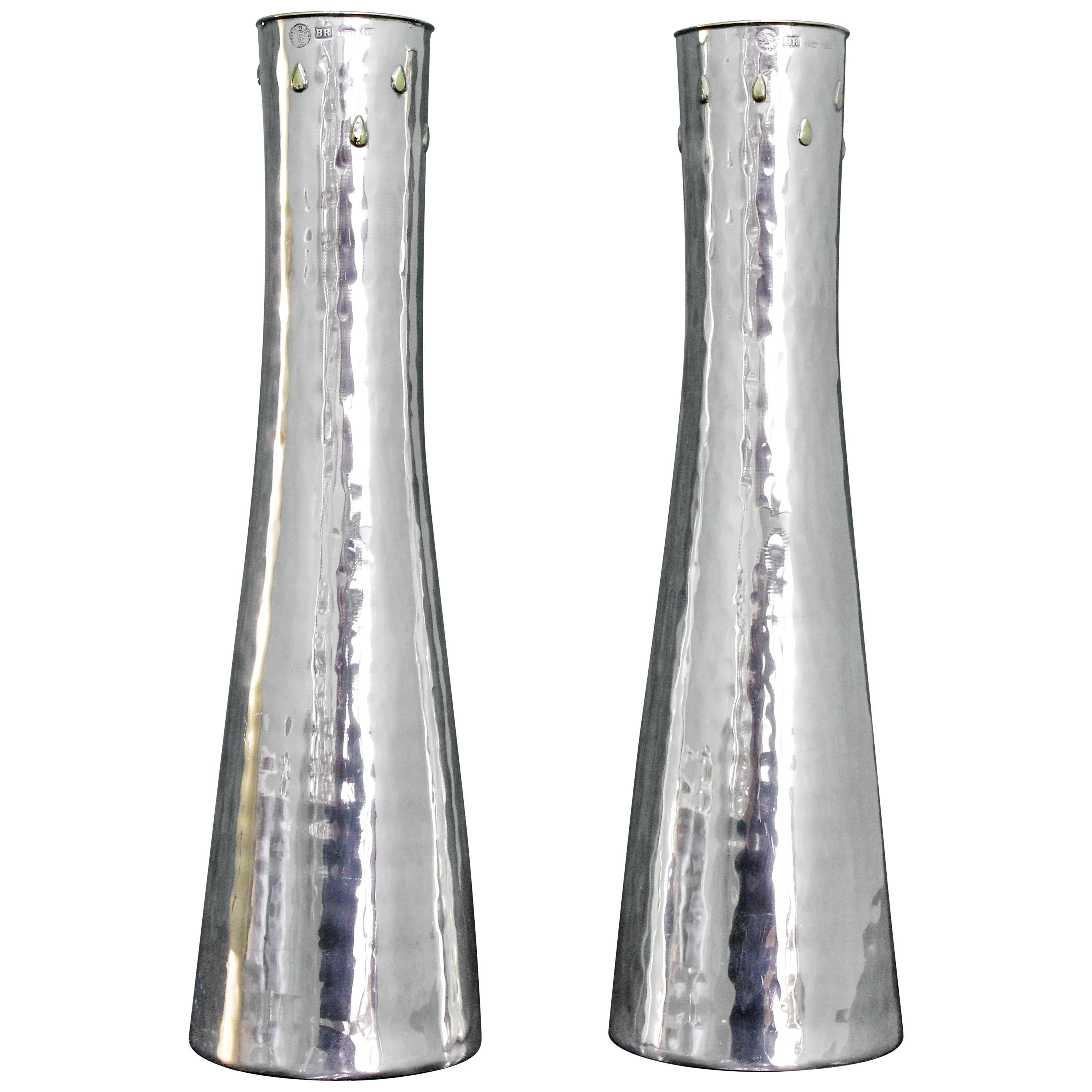 20th Century Hammered Silver Gold Drops Vases Brandimarte Italy Florence, 1970