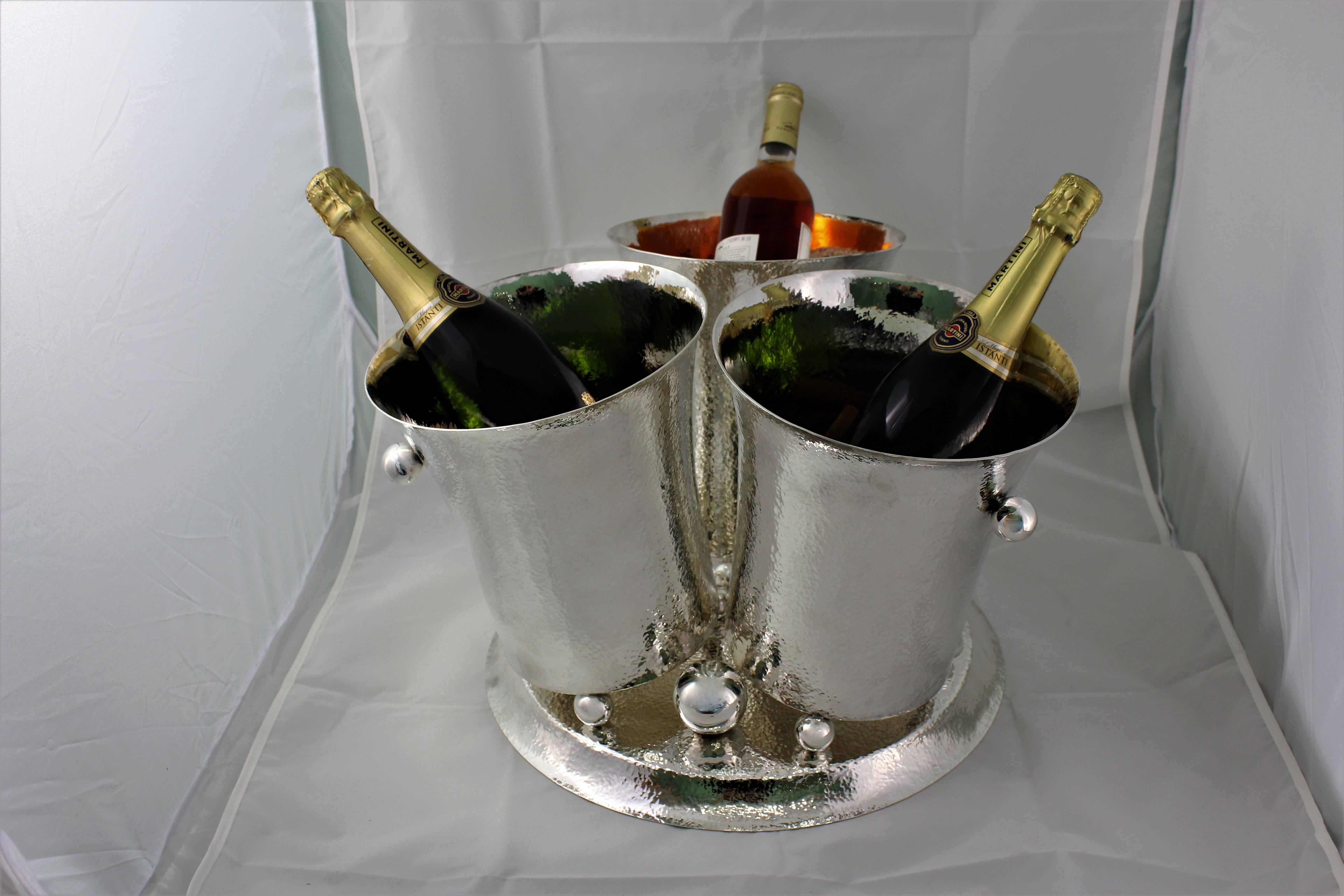 20th Century Hammered Silver Triple Wine Cooler Italy 1930s For Sale 4