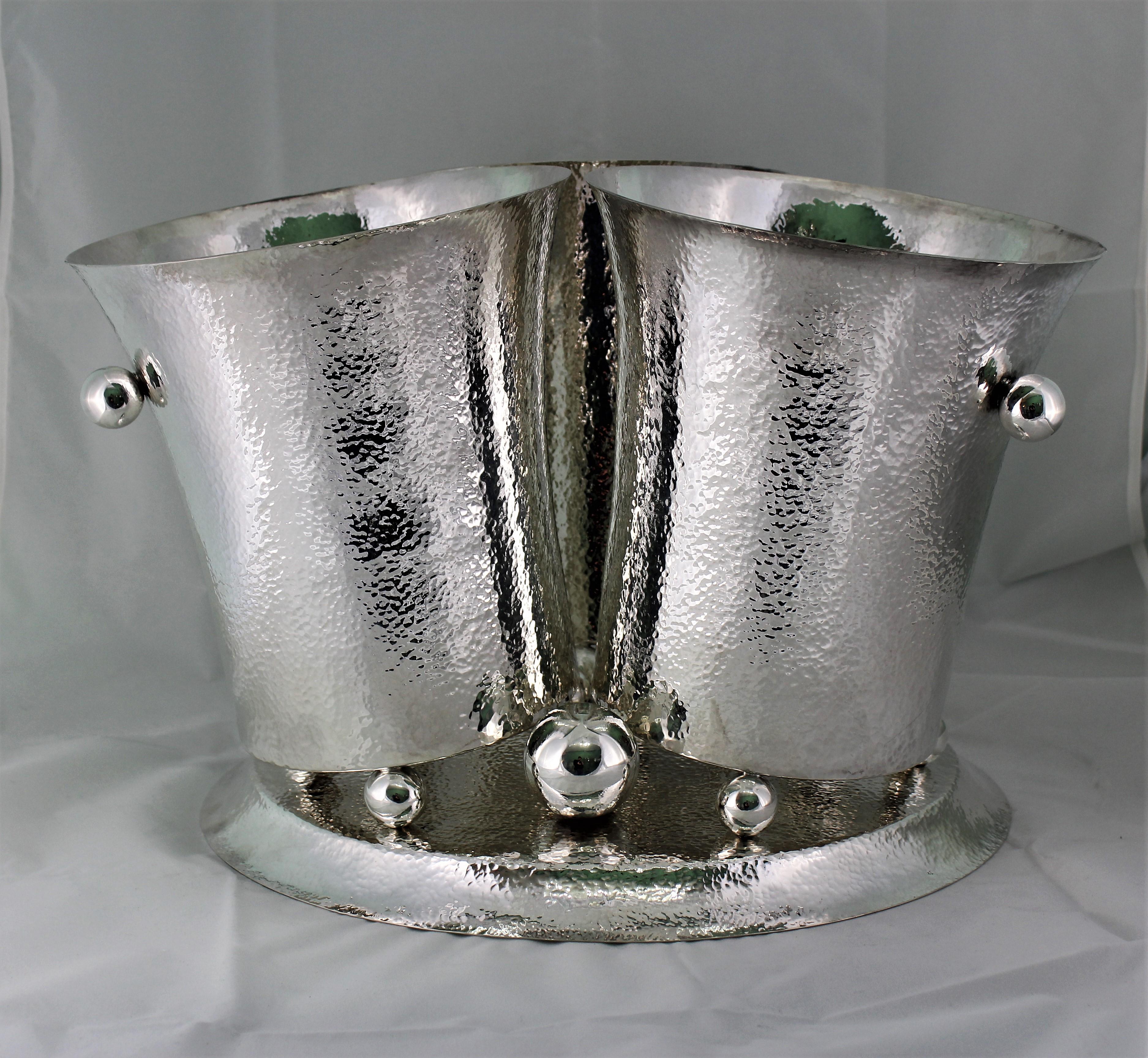 Art Deco 20th Century Hammered Silver Triple Wine Cooler Italy 1930s For Sale