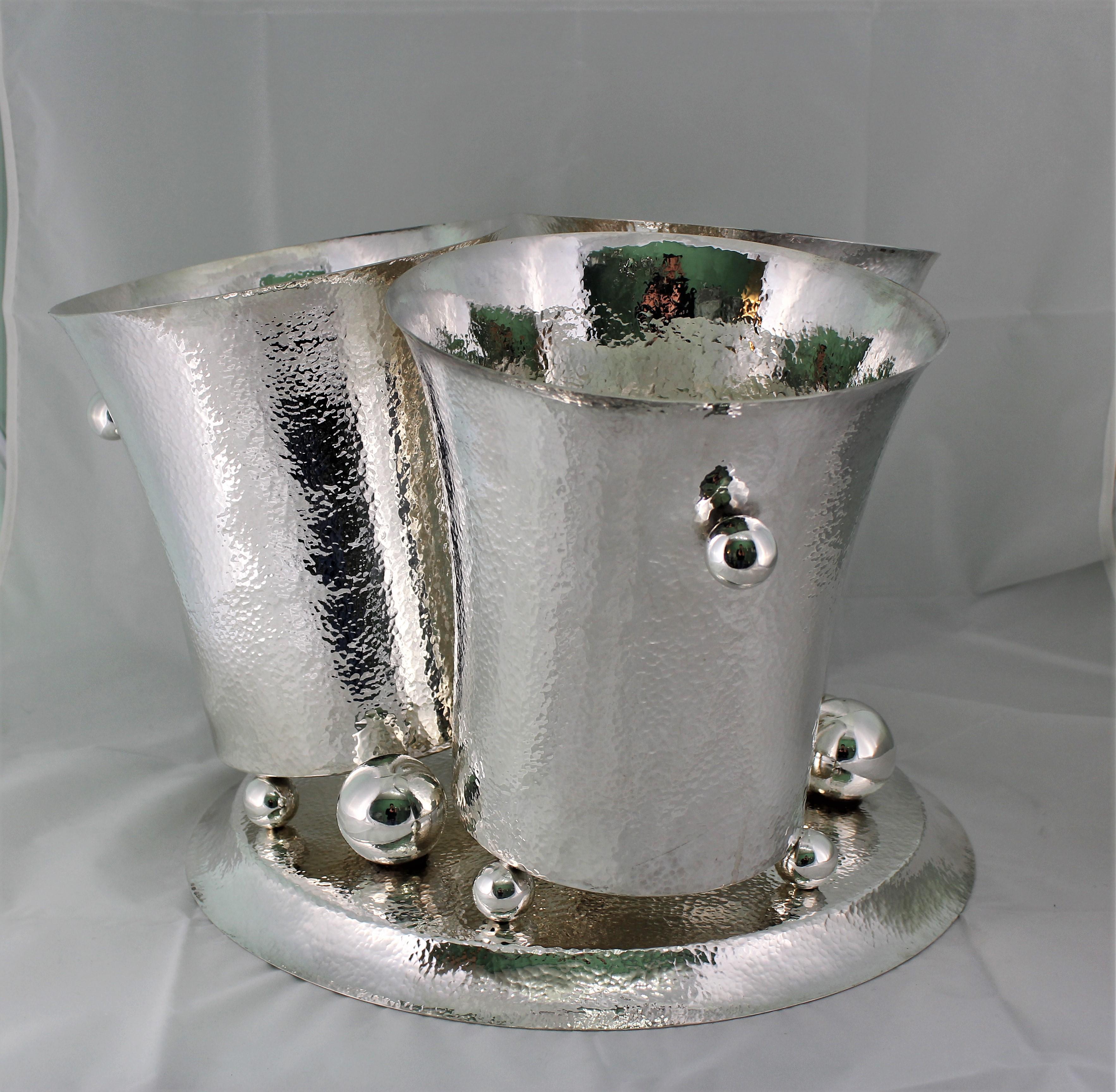 Embossed 20th Century Hammered Silver Triple Wine Cooler Italy 1930s For Sale