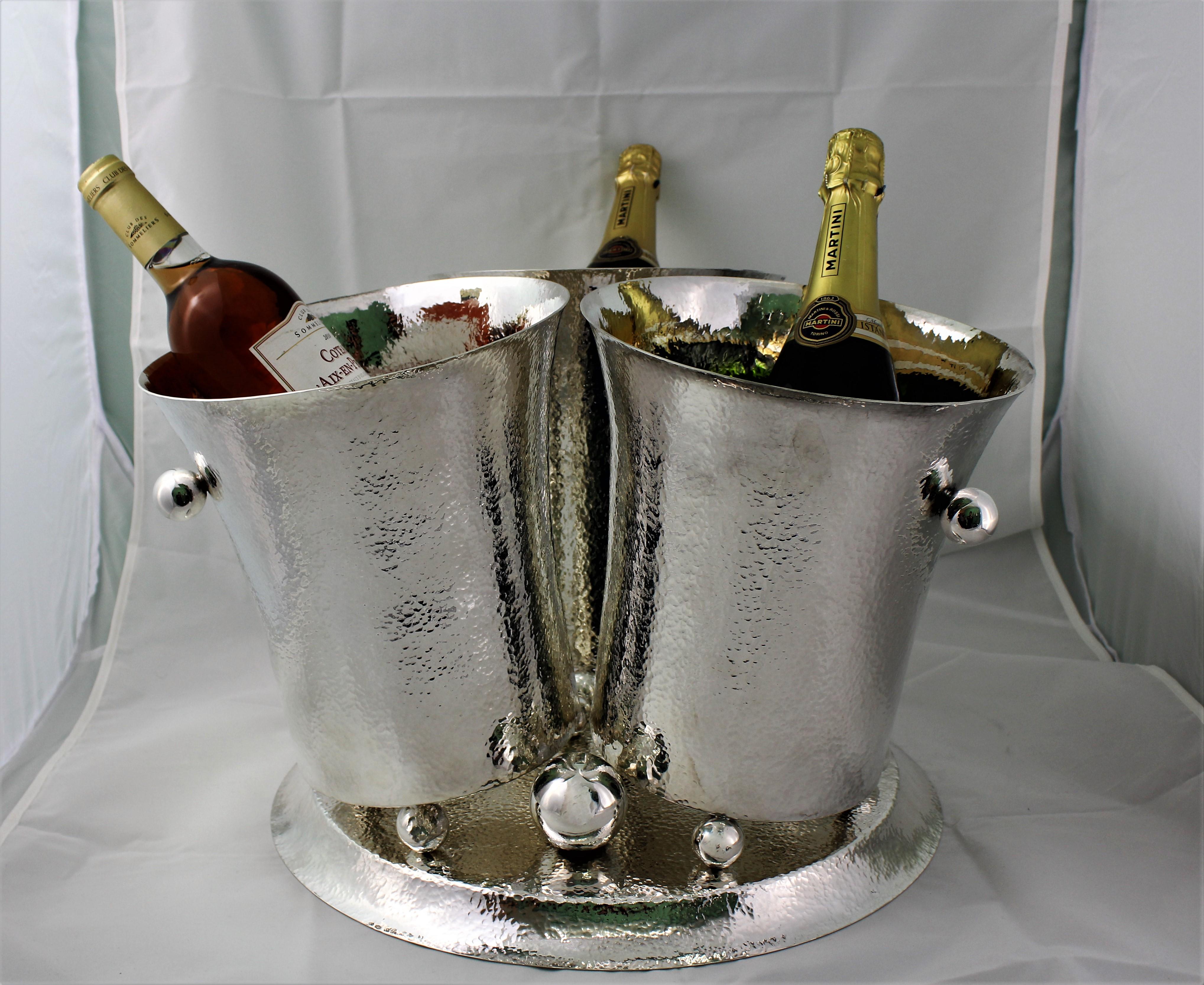 20th Century Hammered Silver Triple Wine Cooler Italy 1930s For Sale 2