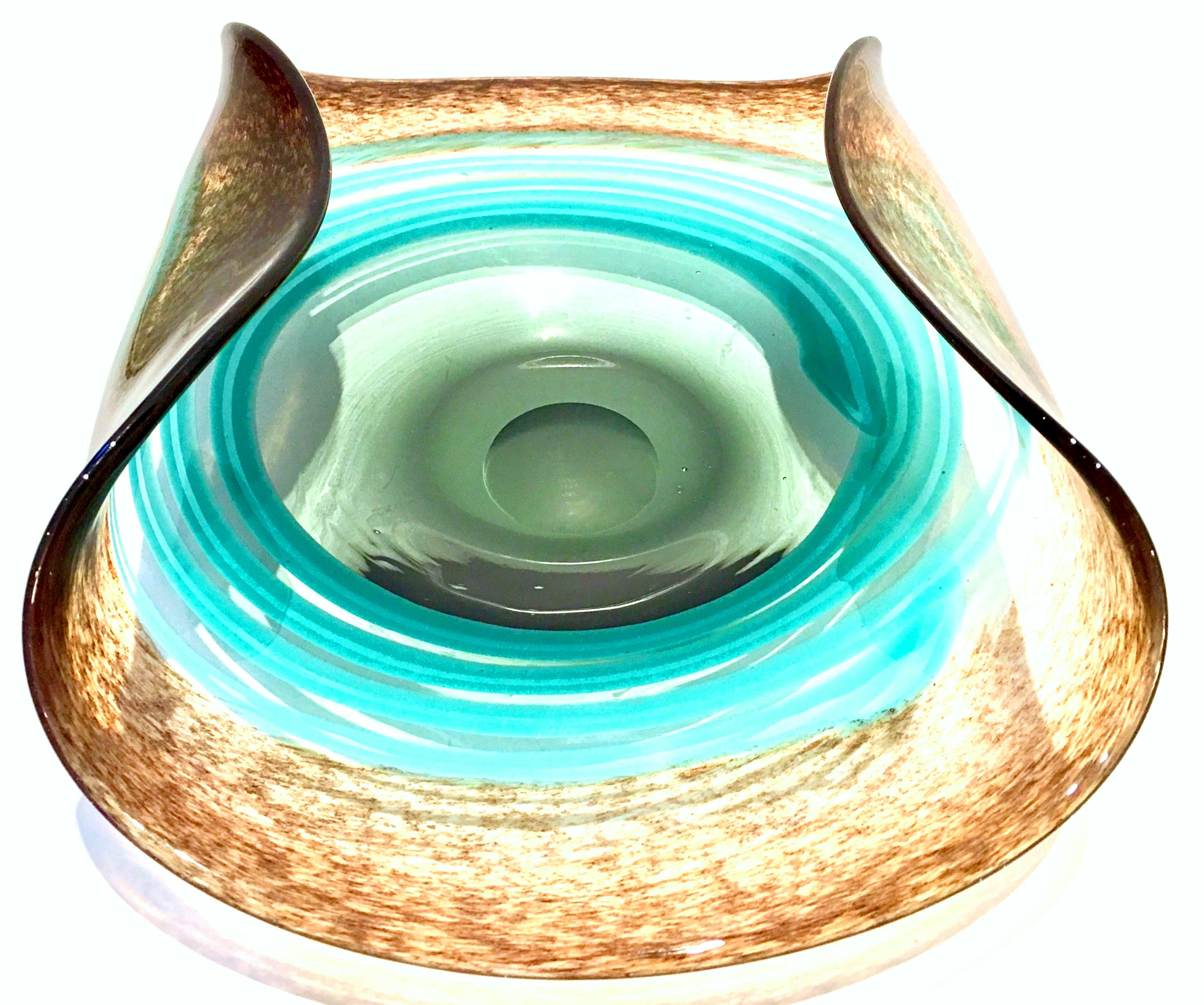 20th century hand blown Murano style glass pinwheel envelope center bowl. This large handmade center bowl in 