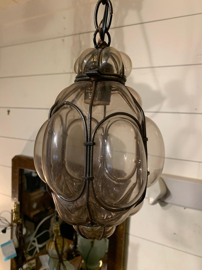 20th Century Hand Blown Purple Bubble Glass and Iron Lantern at 1stDibs