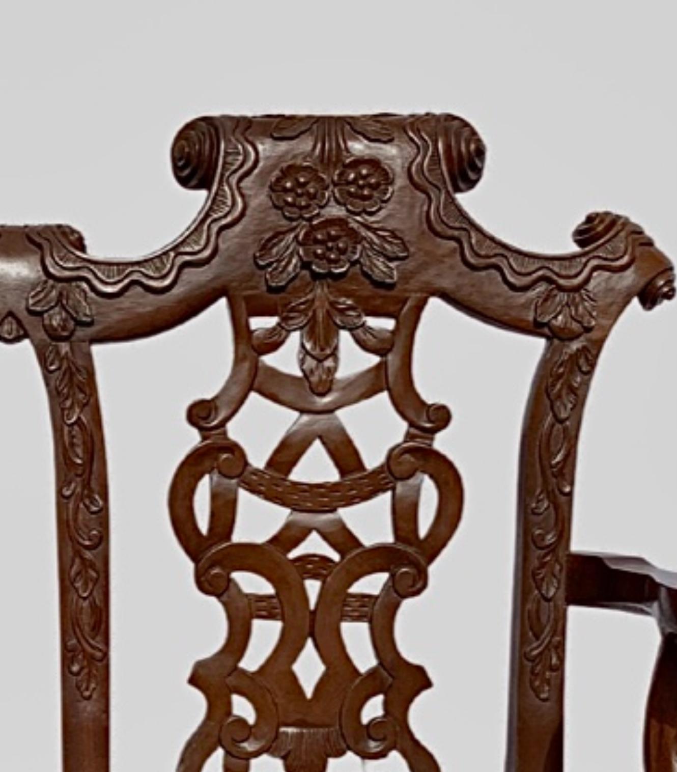 Chippendale 20th Century Hand Carved 2 Seater Settee and 2 Carver Chairs For Sale