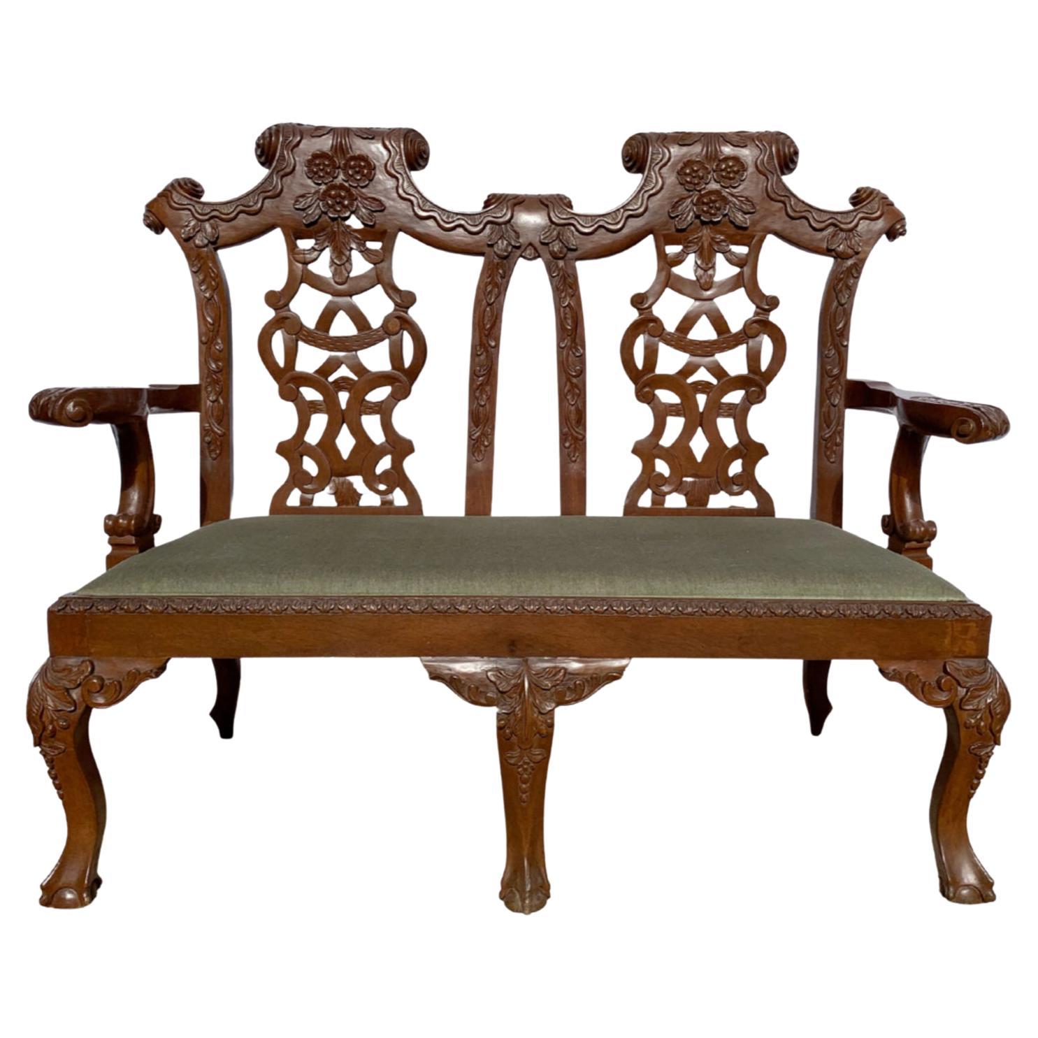 20th Century Hand Carved 2 Seater Settee and 2 Carver Chairs For Sale