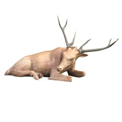 20th Century Hand-Carved Deer, Real Antlers