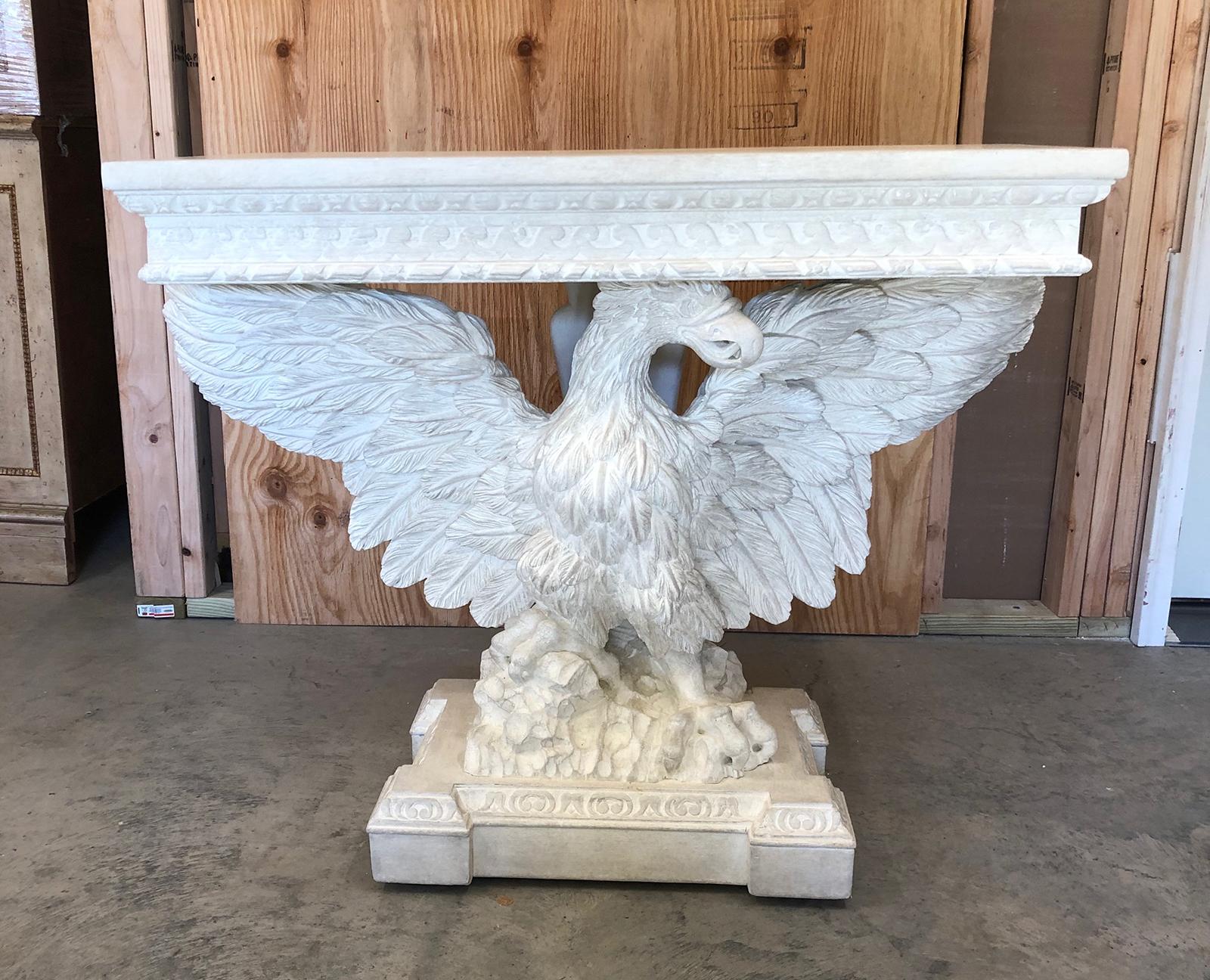 20th century Georgian style beautifully carved pine eagle console with Vitruvian scroll & custom frosty white painted finish