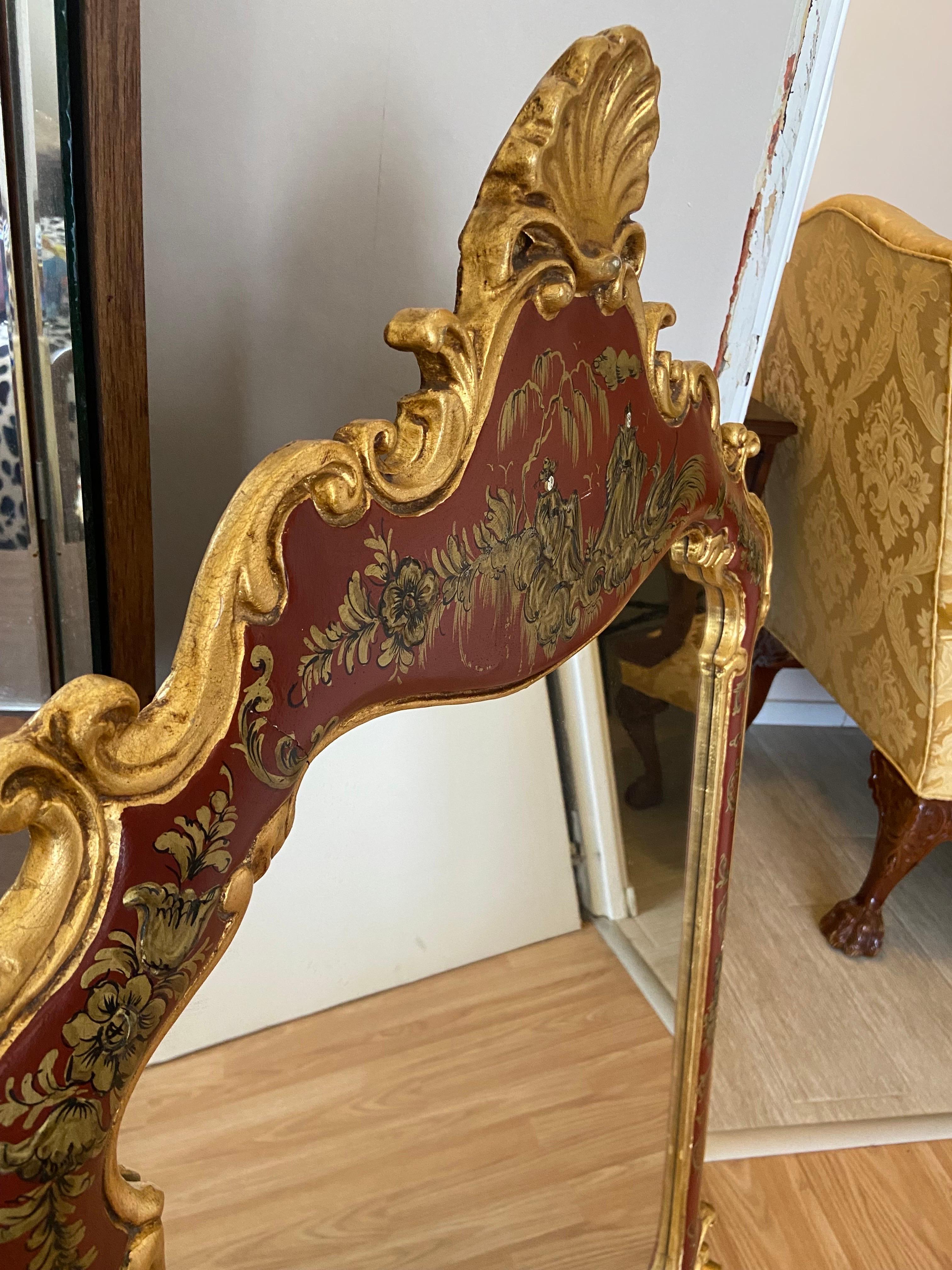 American 20th Century Hand Carved Gilt Wood Hand Painted in Red and Gold Wall Mirror For Sale