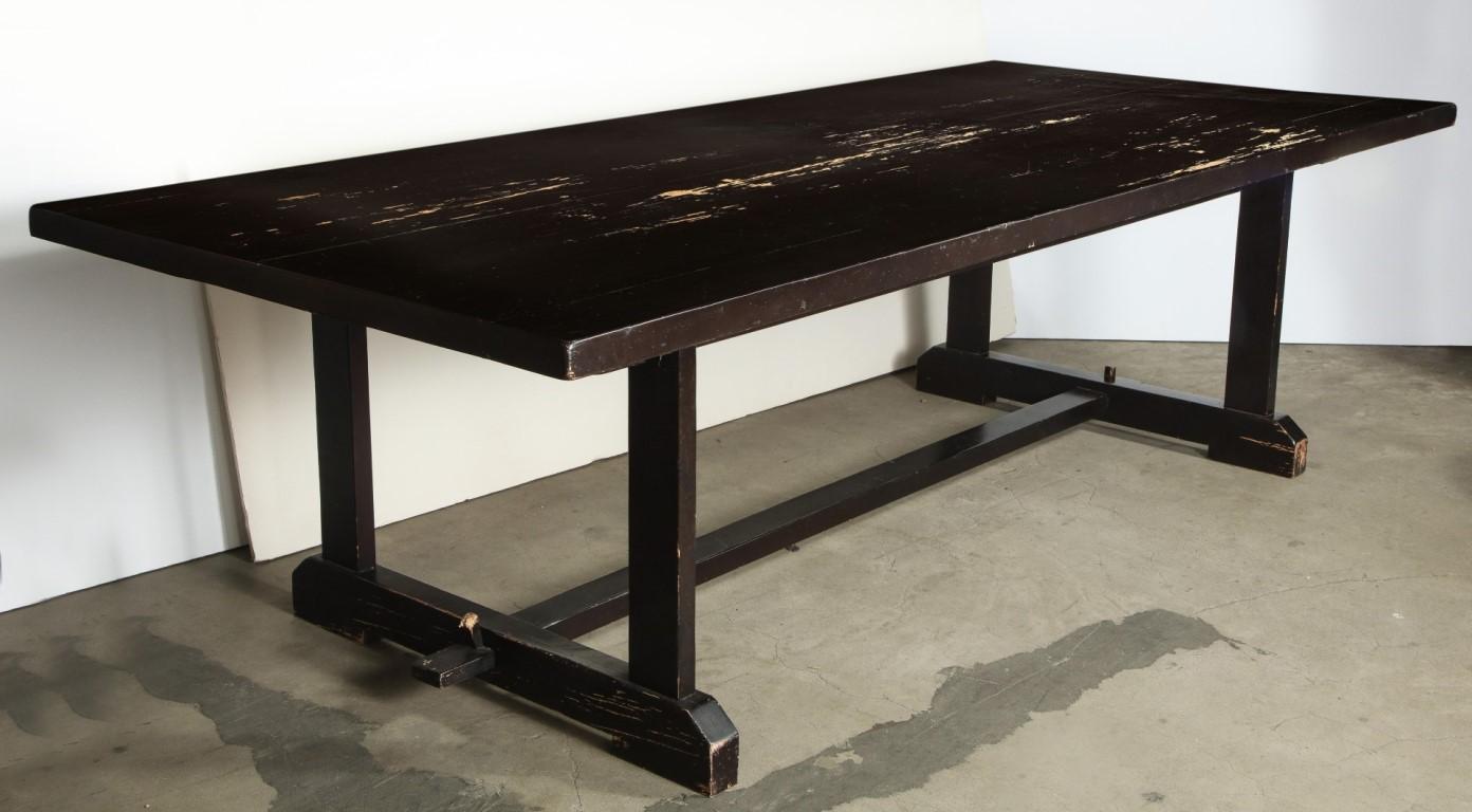 20th century hand-carved dark brown oak refectory dining or work table.