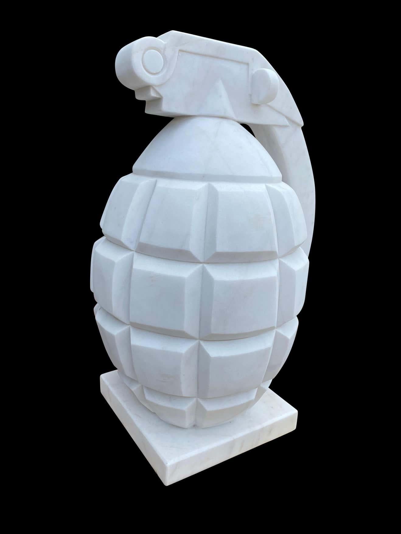 20th Century Hand Carved White Statutory Marble Hand Grenade For Sale 1