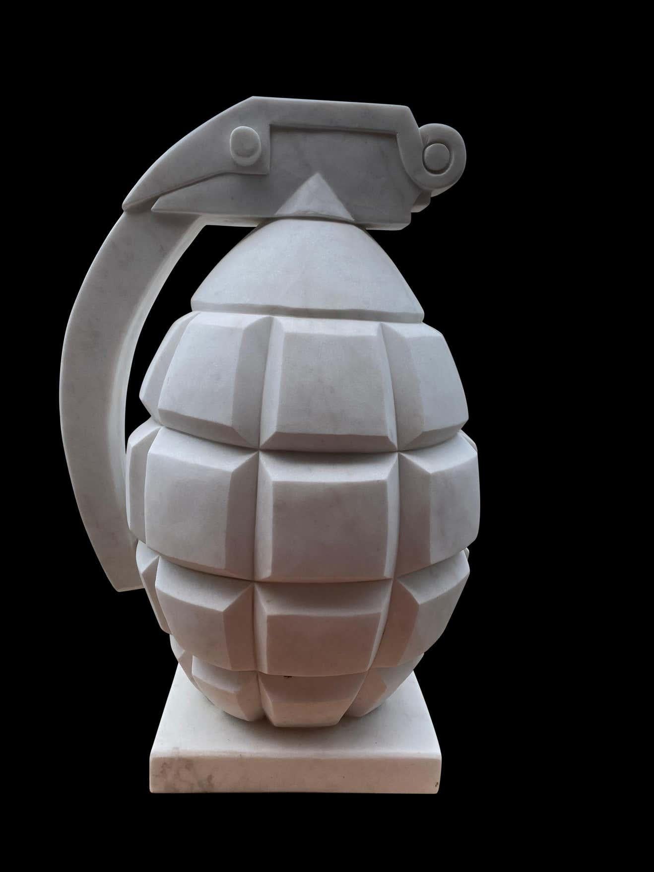 20th Century Hand Carved White Statutory Marble Hand Grenade For Sale 5