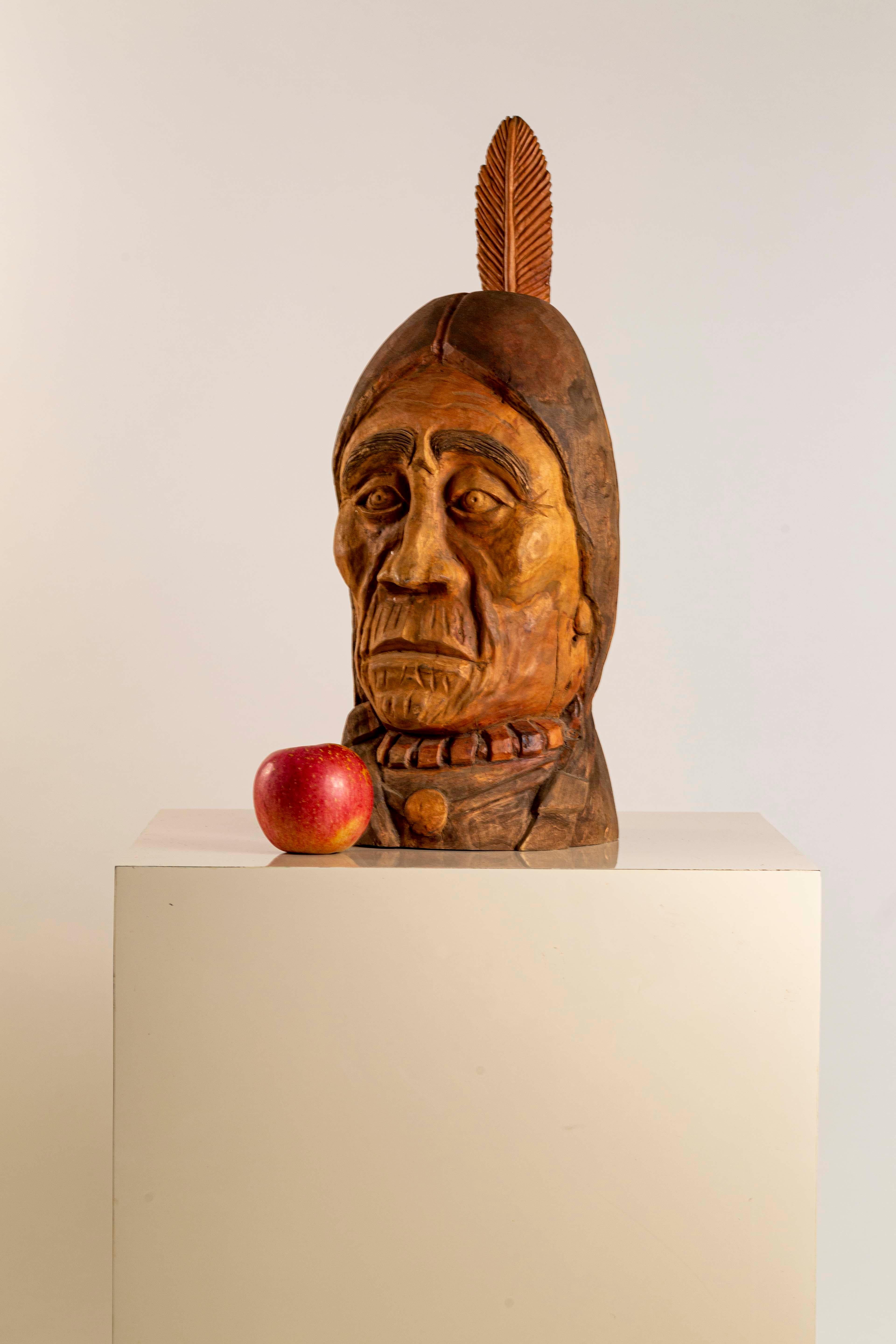 20th Century Hand Carved Wood Bust Native American Sculpture by Duane Hansen 2