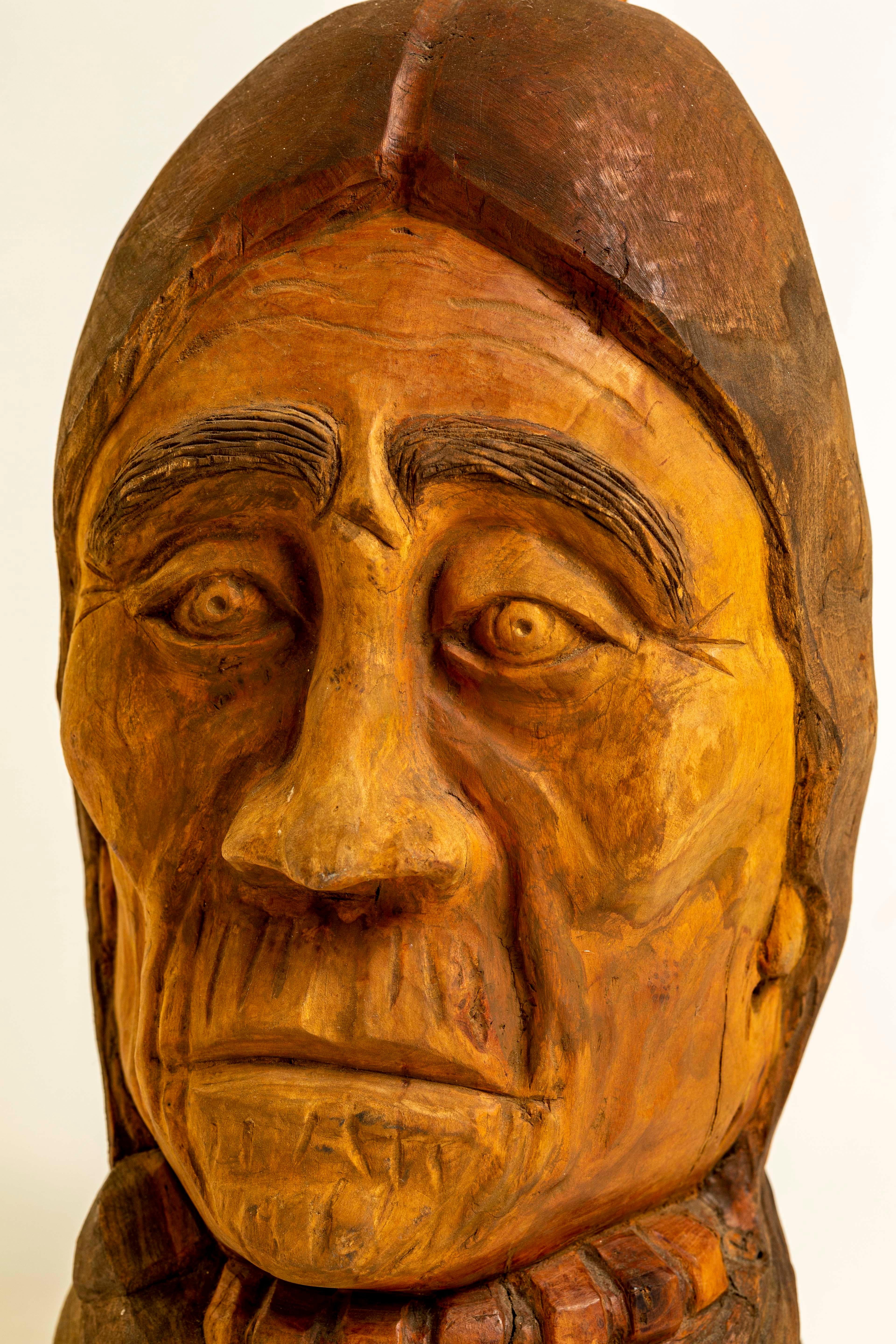 Folk Art 20th Century Hand Carved Wood Bust Native American Sculpture by Duane Hansen