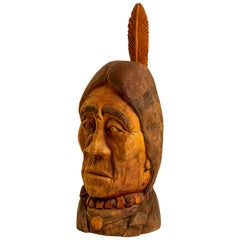 Vintage 20th Century Hand Carved Wood Bust Native American Sculpture by Duane Hansen