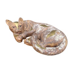 20th Century Hand Carved Wooden Lounging Cat with Splashes of Gilt