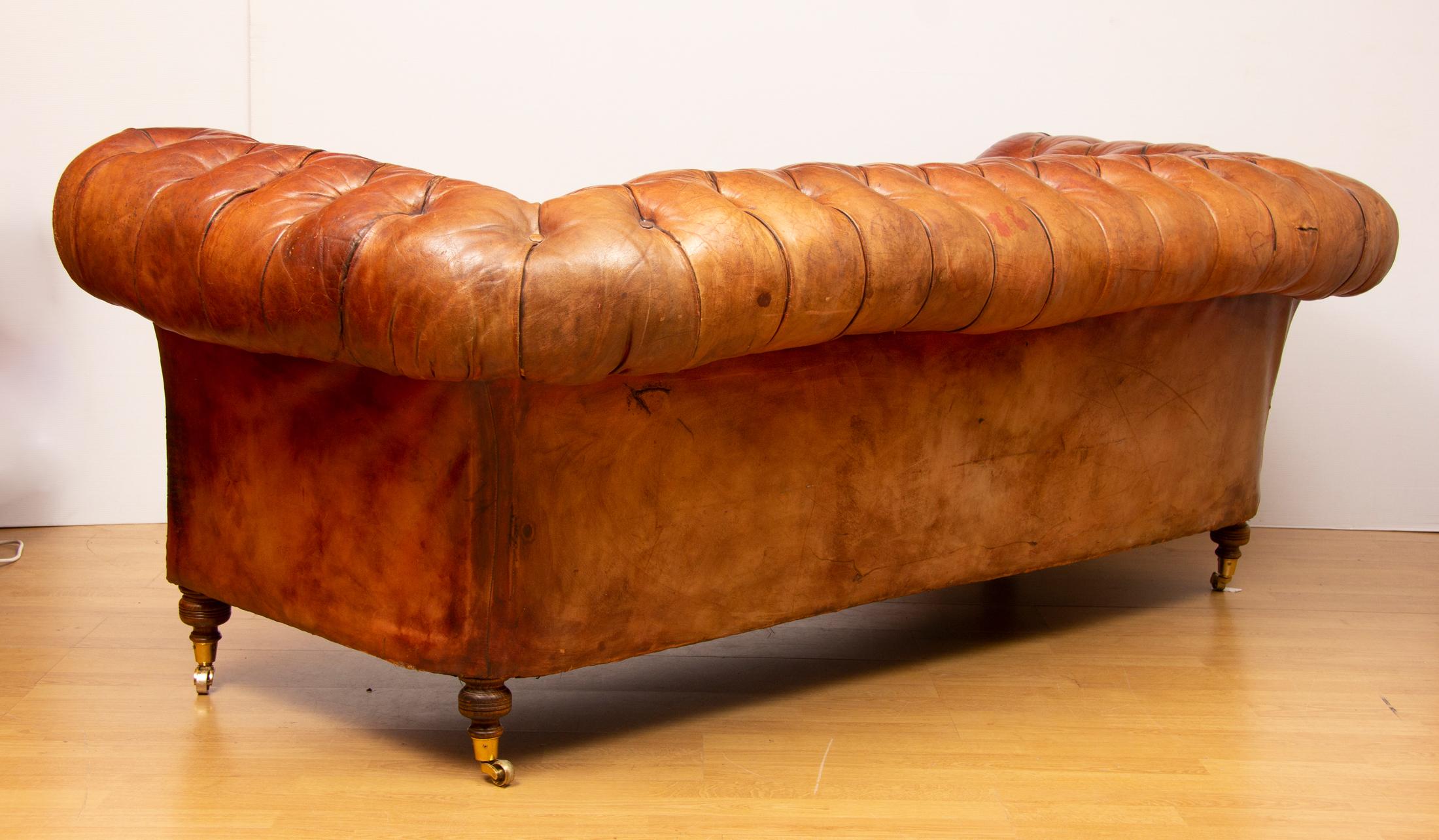 Victorian 20th Century Hand Dyed Brown Leather Chesterfield Sofa