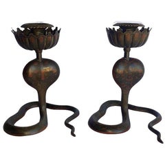 20th Century Hand etched Persian Cobra Brass and Bronze Candle Holders, pair