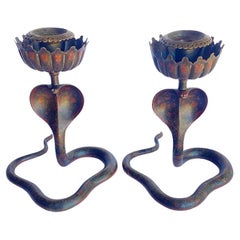 20th Century Hand etched Persian Cobra Brass and Bronze Candle Holders, pair