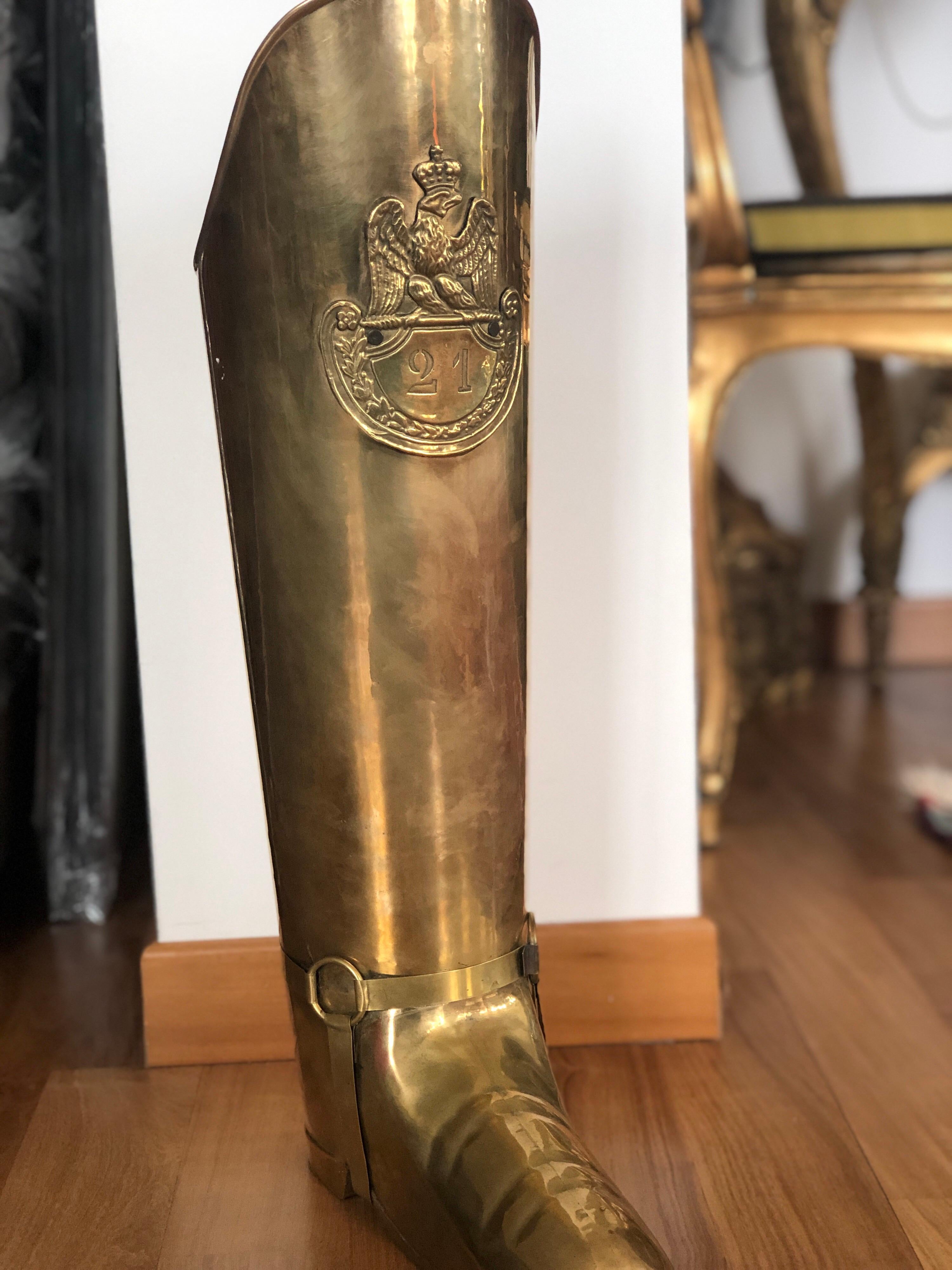 Very realistic hand-hammered solid brass boot umbrella holder made by Dinanderie de Mecap.
Belgium, circa 1930.
 
