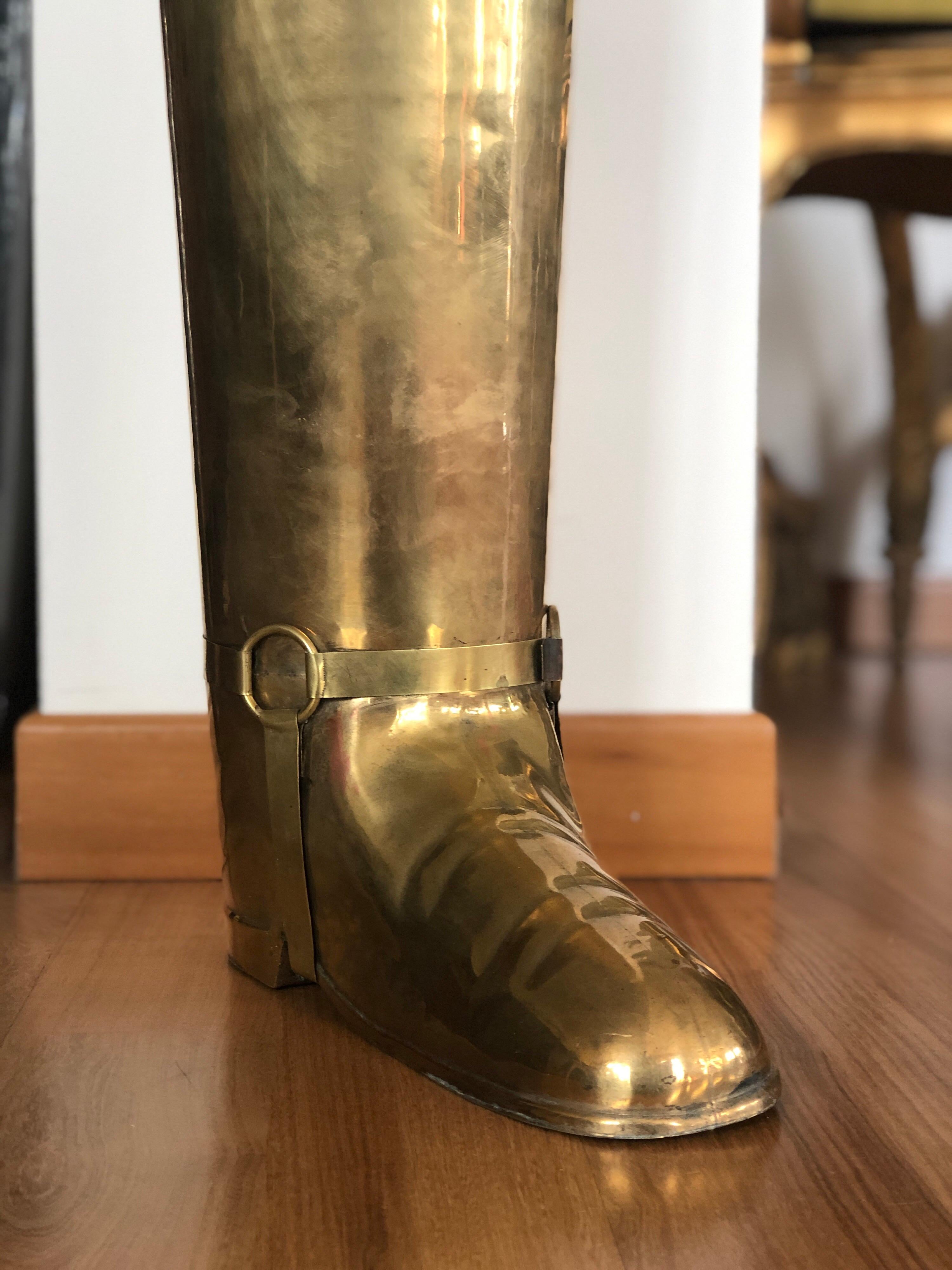 Belgian 20th Century Hand-Hammered Brass Boot Umbrella Stand by Dinanderie de Mecap