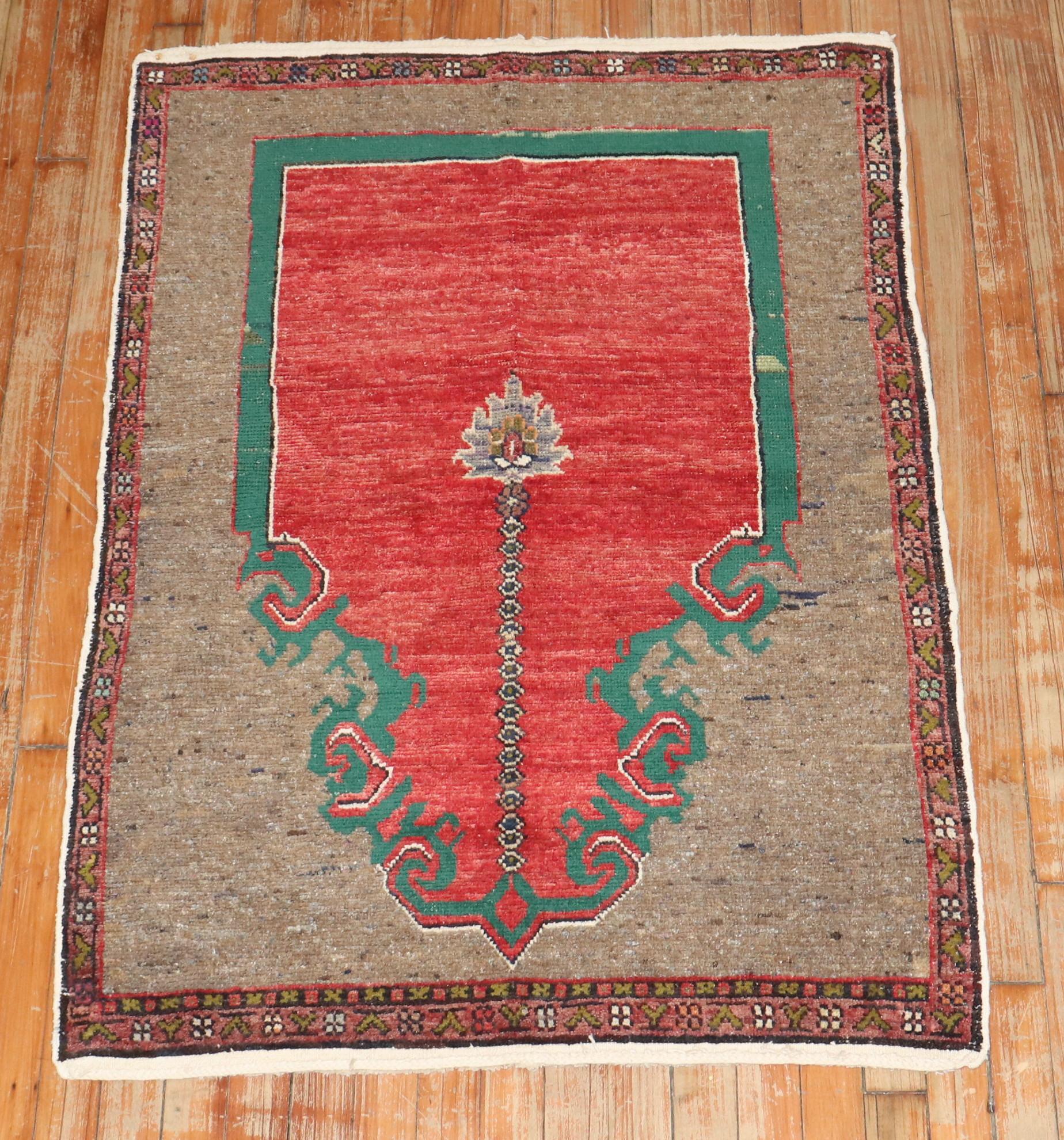 Zabihi Collection 20th Century Red Brown Green Turkish Anatolian Prayer Rug For Sale 2