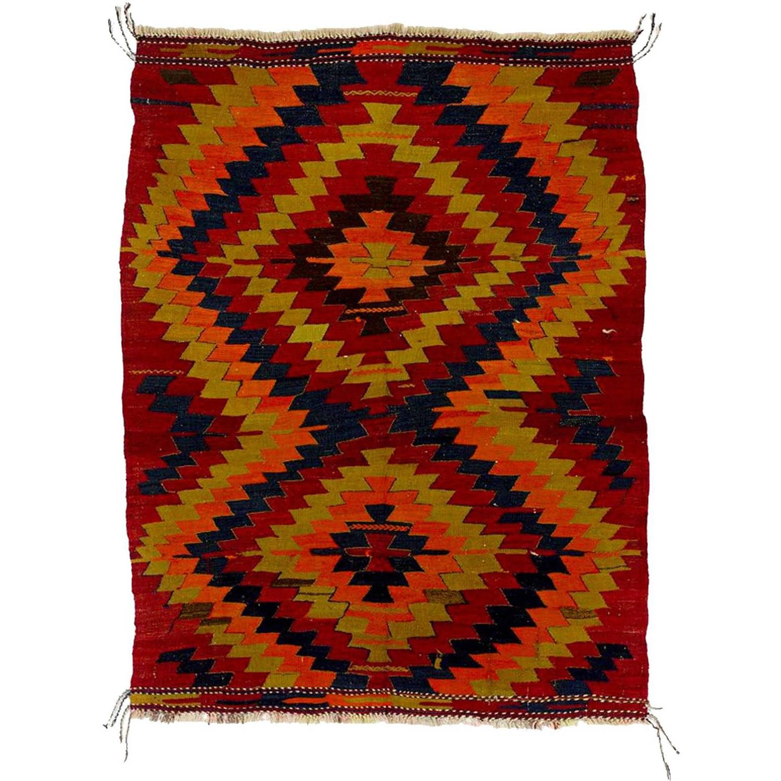 Tapis Kilim Konya en laine de Turquie orange, marron et marron, noué à la main, XXe siècle en vente