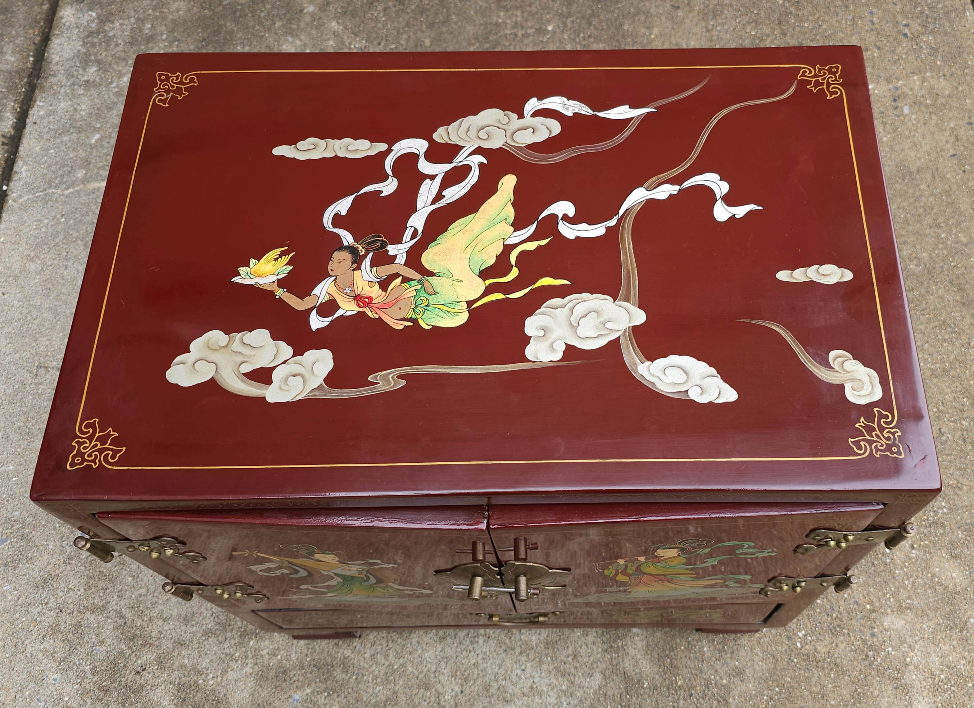 20th Century Hand Painted and Decorated Chinoiserie Red Lacquered Side Cabinet In Good Condition For Sale In Germantown, MD
