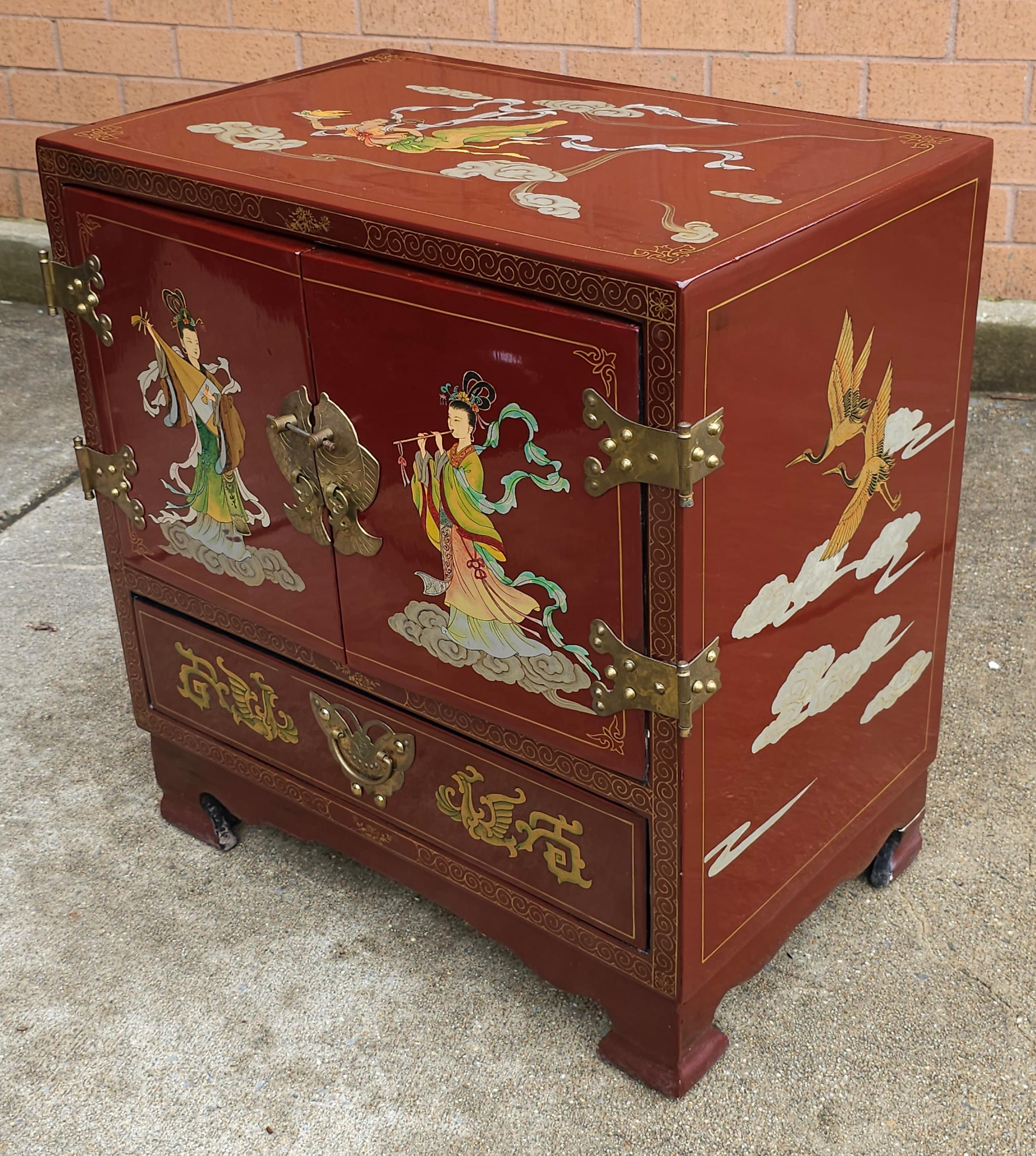 Brass 20th Century Hand Painted and Decorated Chinoiserie Red Lacquered Side Cabinet For Sale