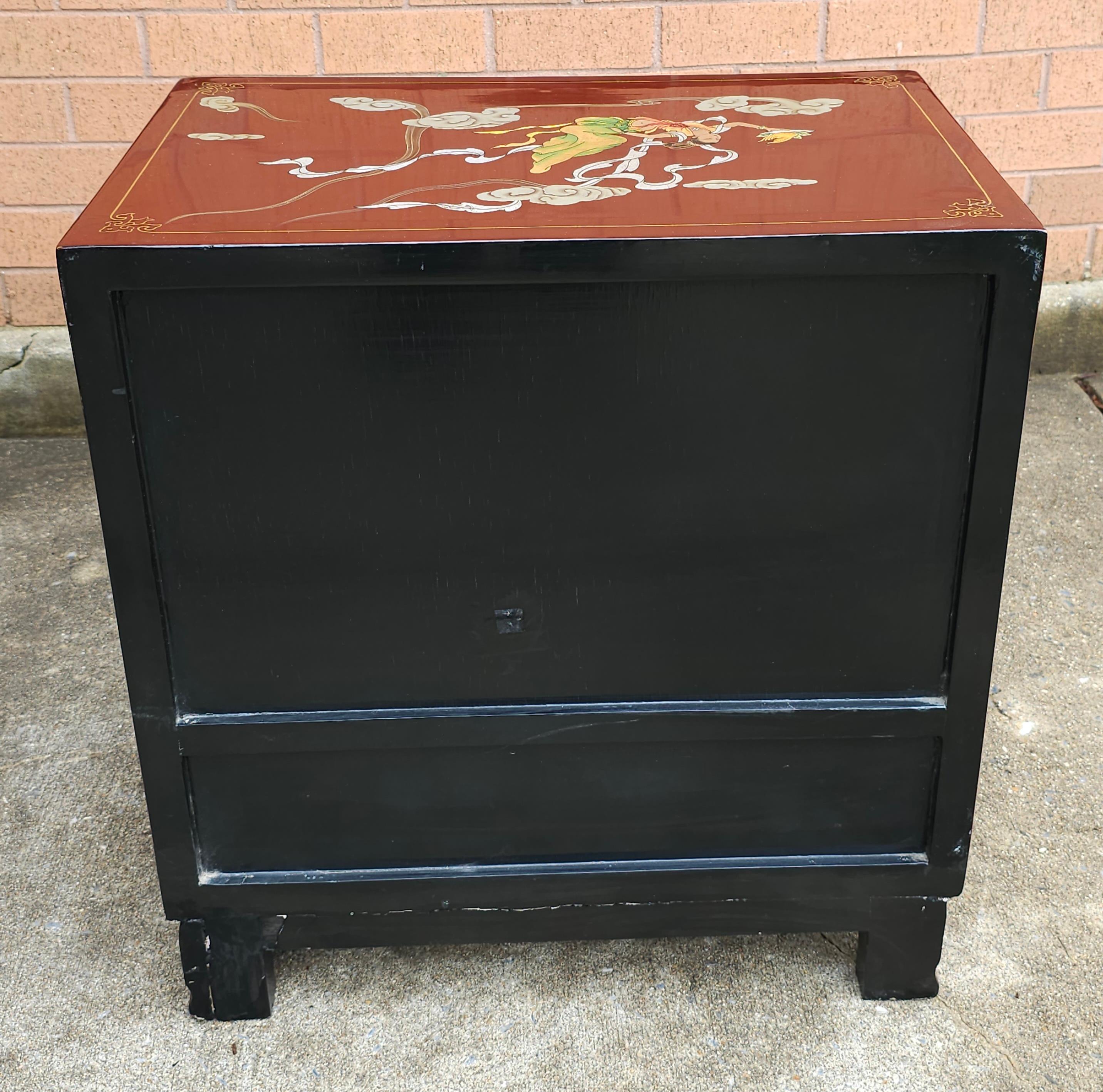 20th Century Hand Painted and Decorated Chinoiserie Red Lacquered Side Cabinet For Sale 4