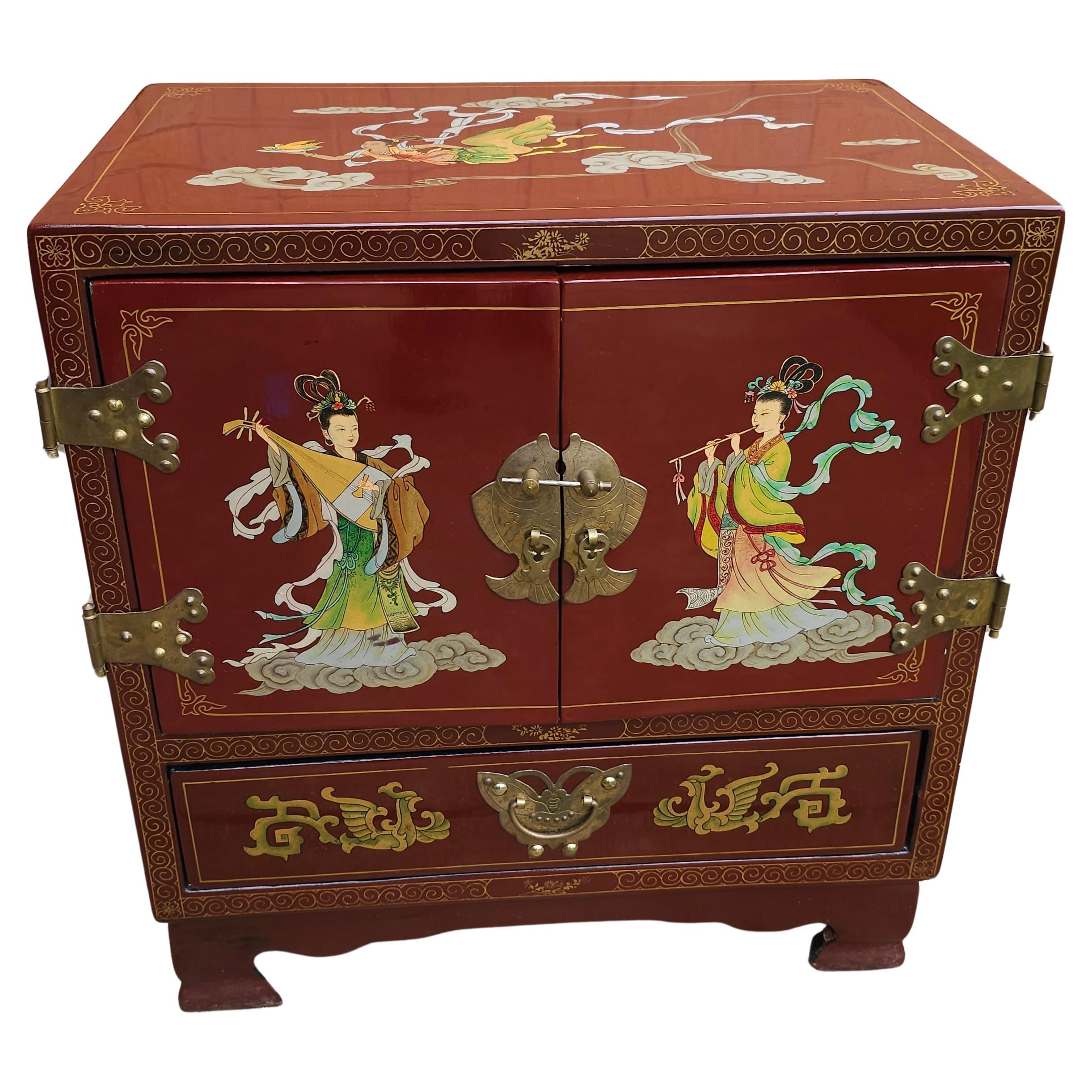 20th Century Hand Painted and Decorated Chinoiserie Red Lacquered Side Cabinet