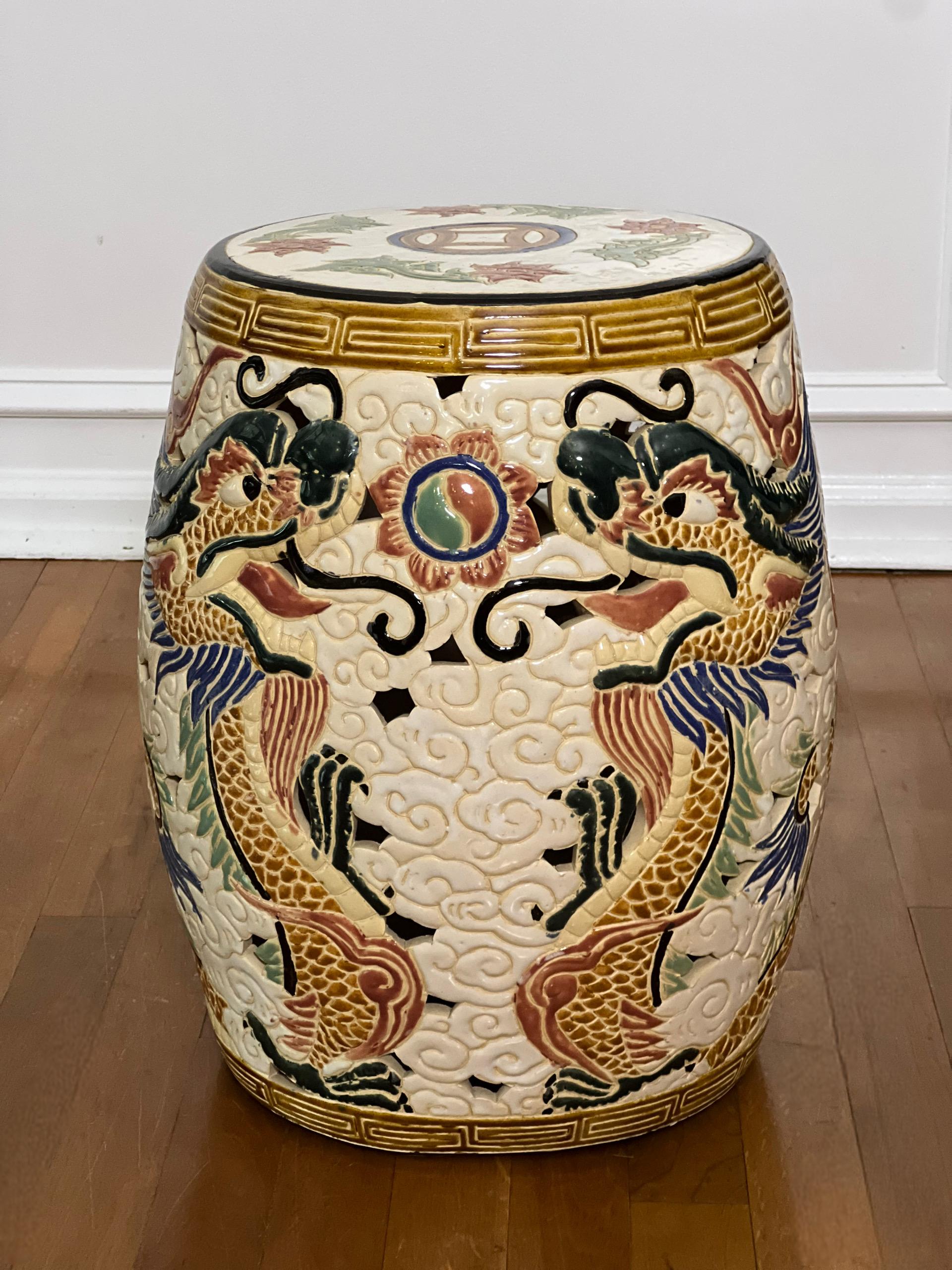20th Century Hand-Painted Chinese Dragon Ceramic Garden Stool In Good Condition For Sale In Doylestown, PA
