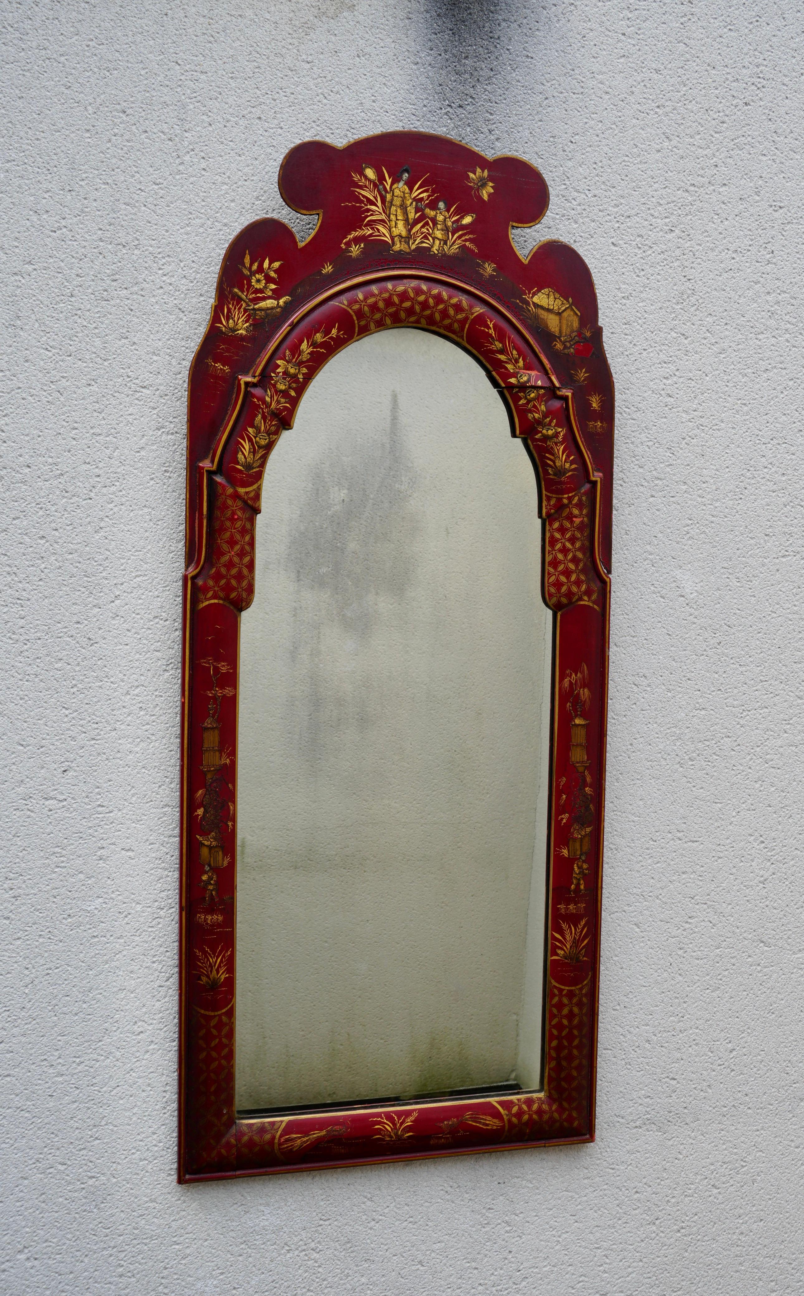Hollywood Regency 20th Century Hand Painted Chinese Red Chinoiserie Mirror For Sale