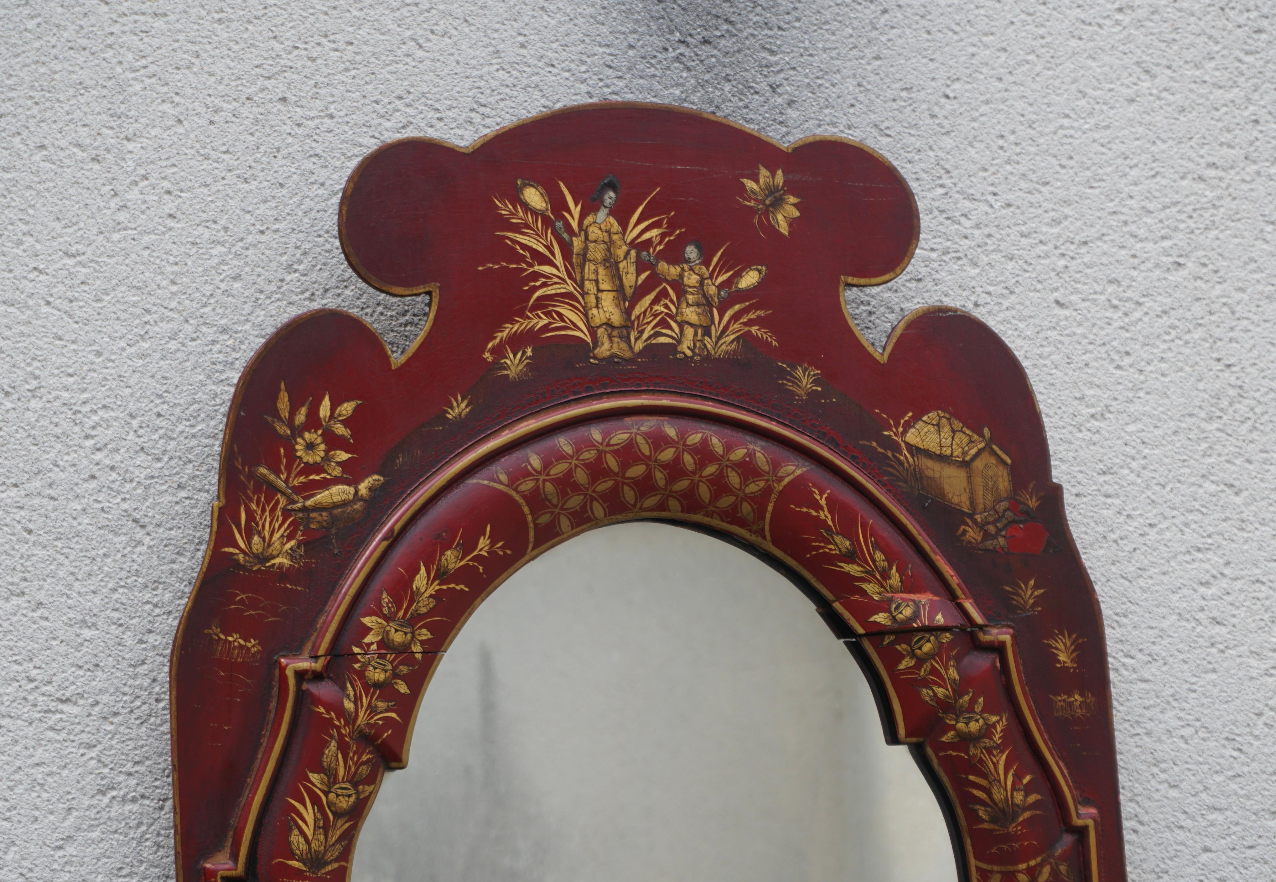 Italian 20th Century Hand Painted Chinese Red Chinoiserie Mirror For Sale