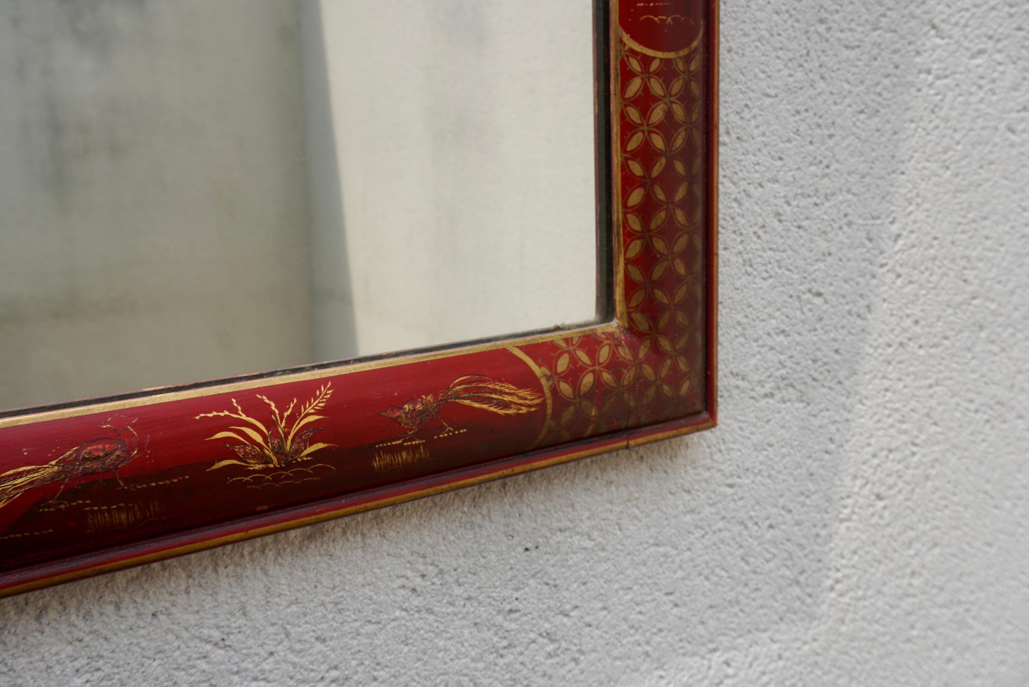 20th Century Hand Painted Chinese Red Chinoiserie Mirror For Sale 1