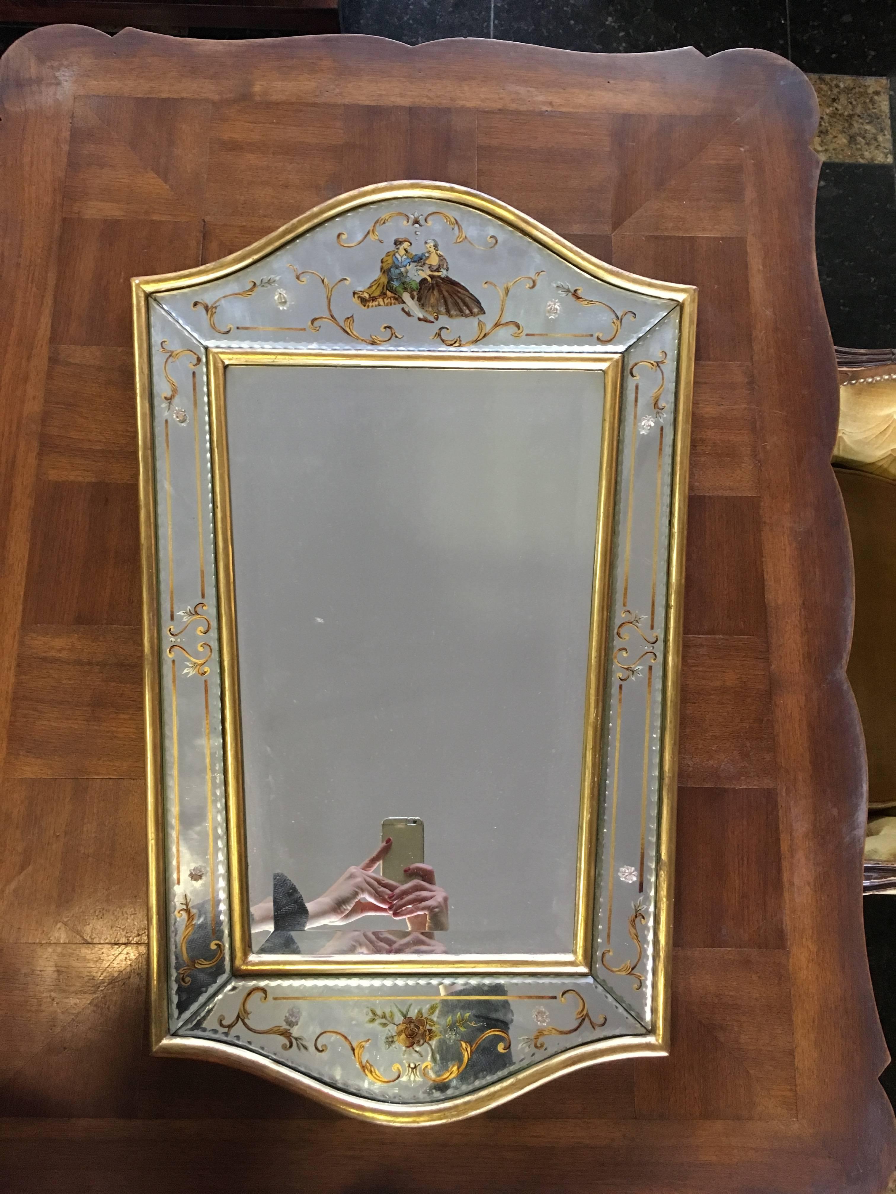 20th Century hand-painted crystal mirror in very elegant shape.
France, circa 1930