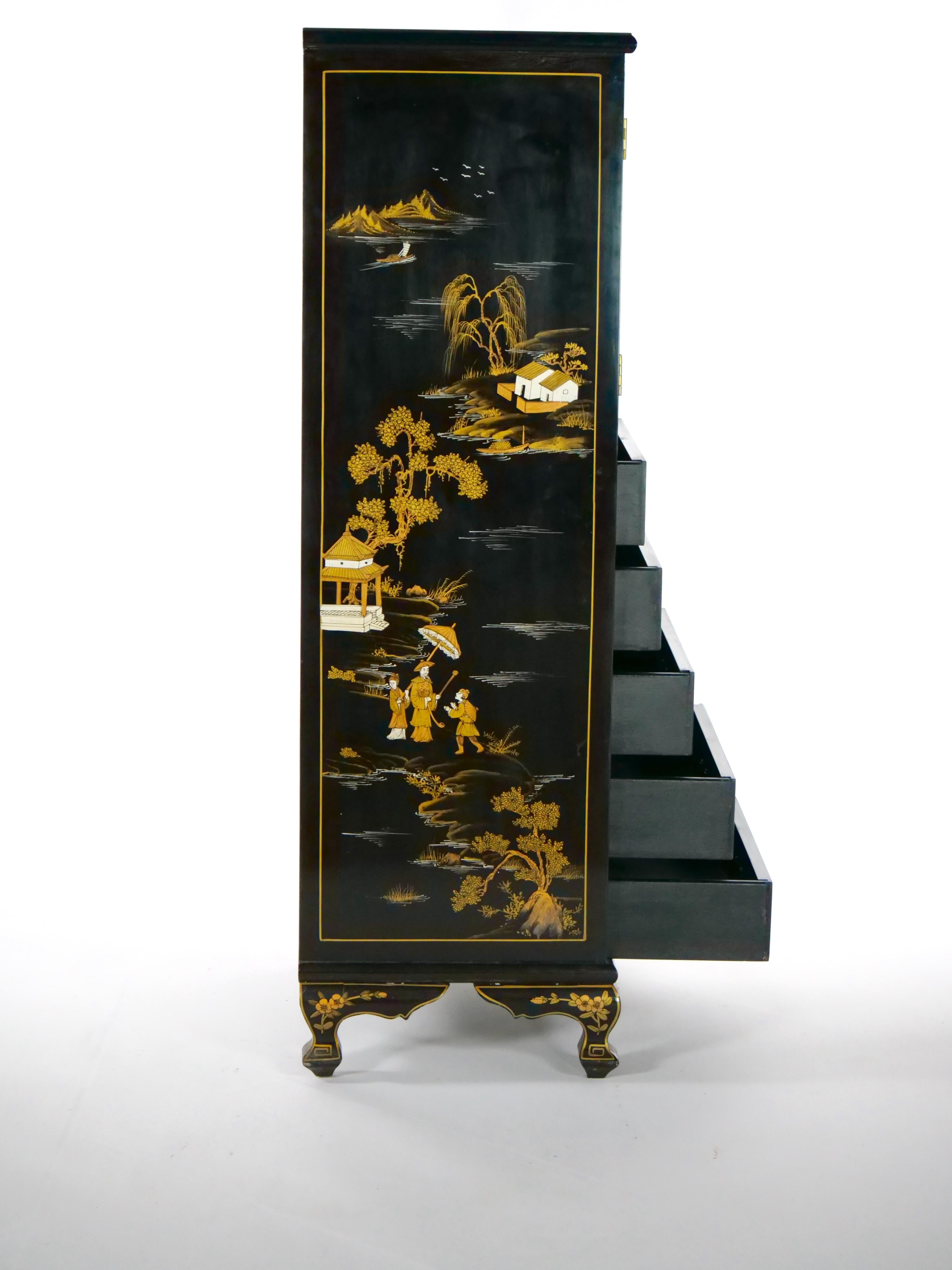 20th Century Hand Painted / Decorated Black Lacquer Dry Bar For Sale 7