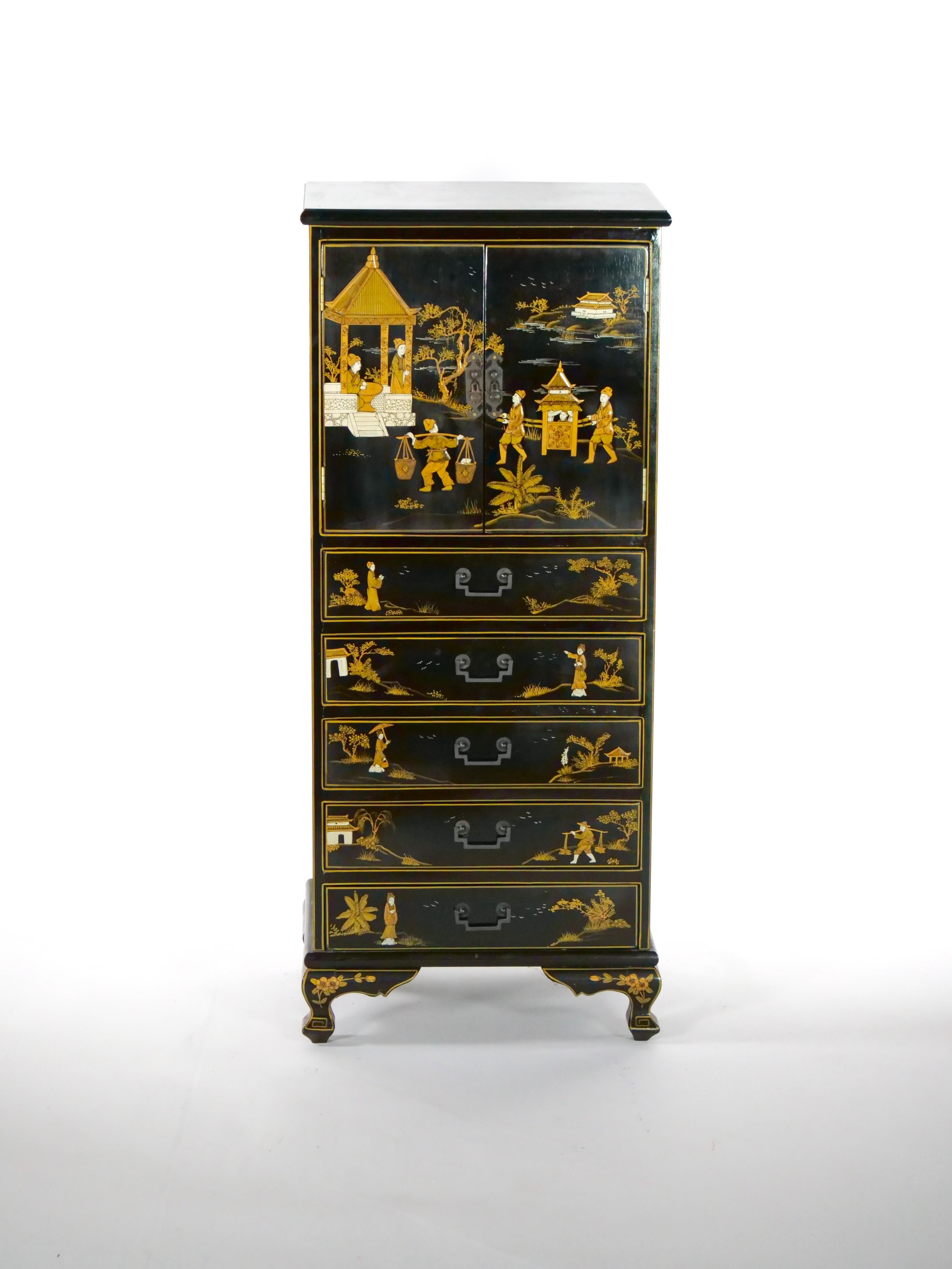Beautifully hand painted and decorated black lacquer wood tall high server / dry bar. The server features hand painted chinoiserie scene with twin door top and five pull drawer at the bottom. The sideboard is in great condition, minor wear