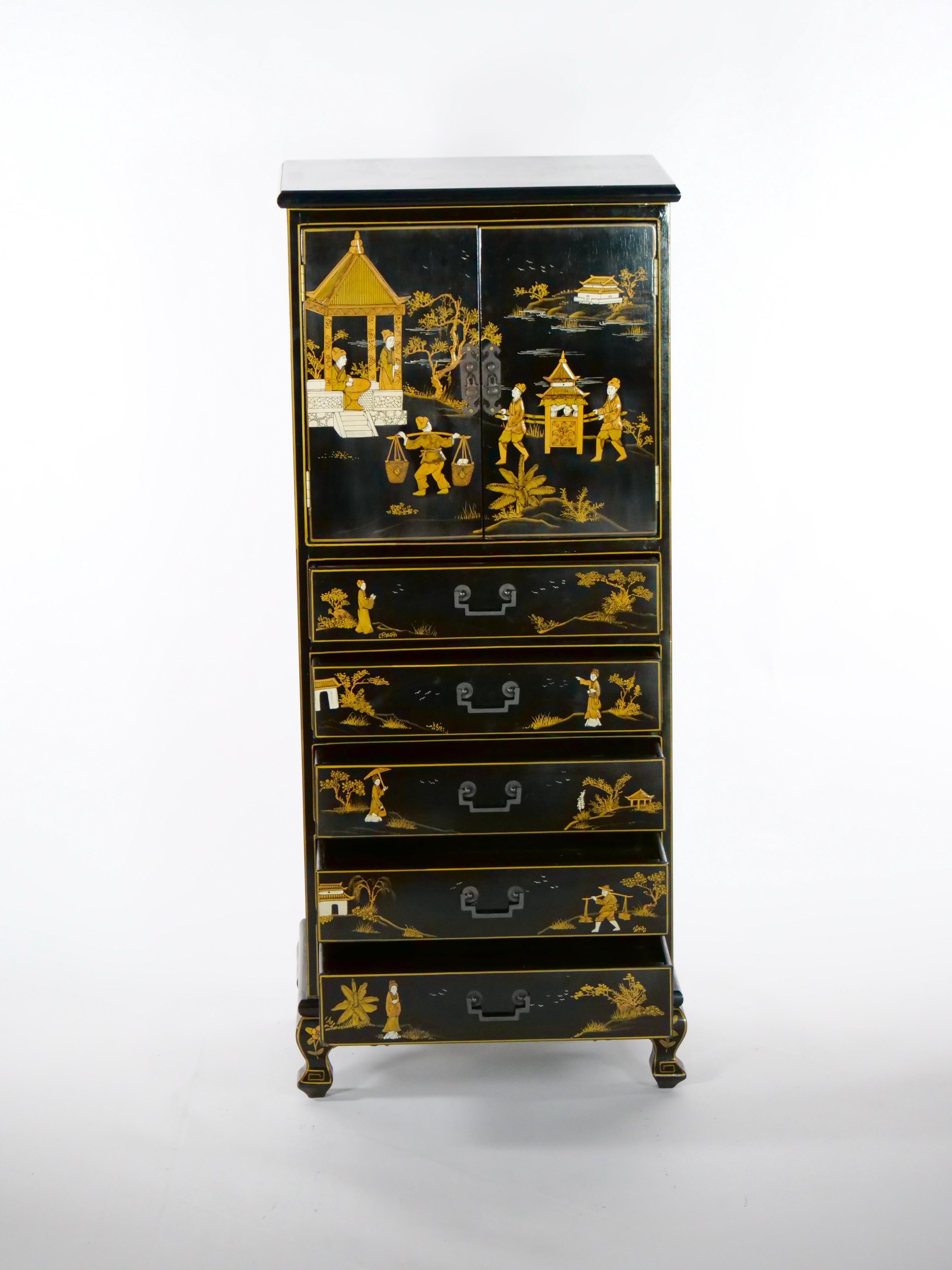 Gilt 20th Century Hand Painted / Decorated Black Lacquer Dry Bar For Sale
