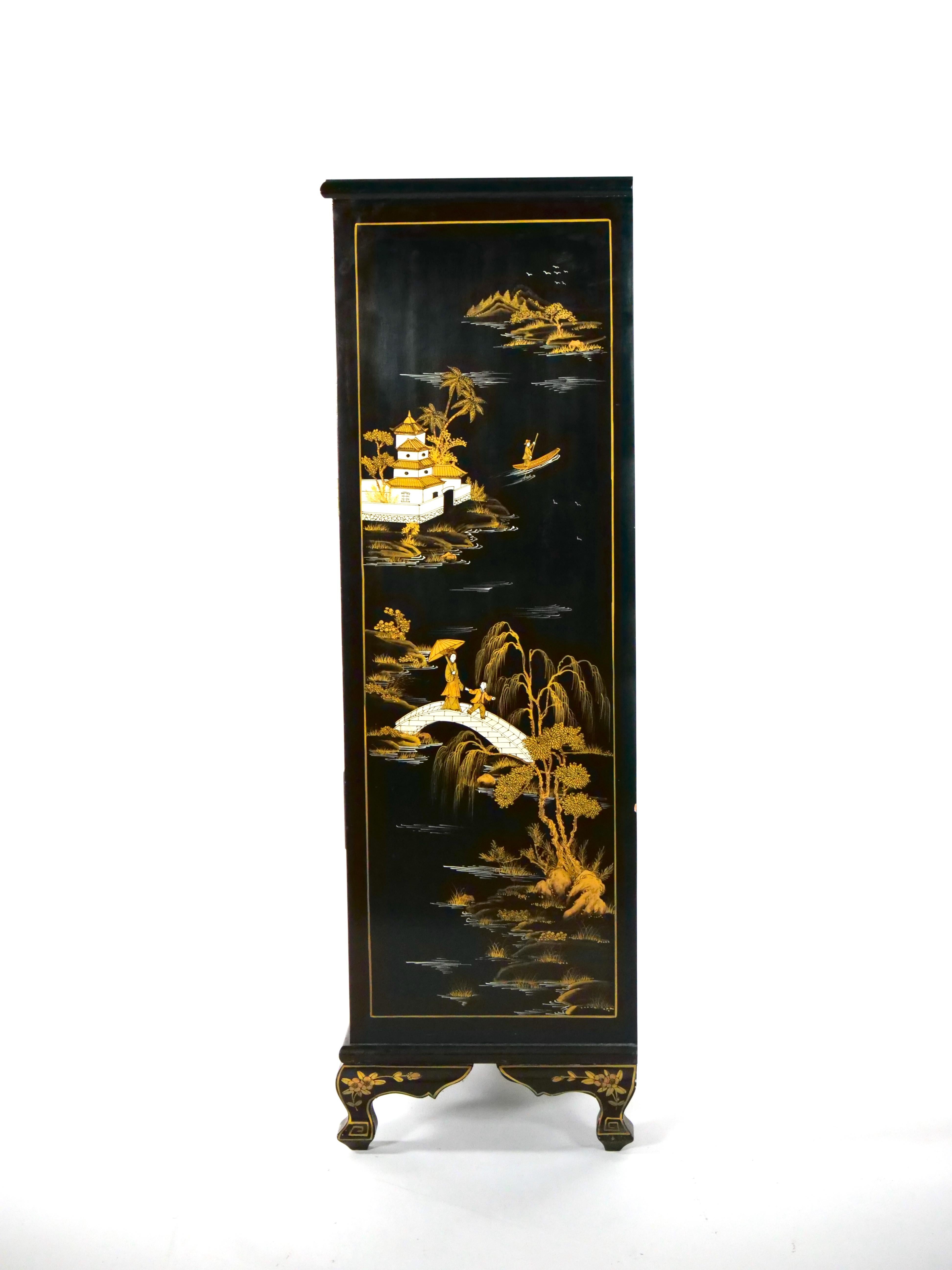 Wood 20th Century Hand Painted / Decorated Black Lacquer Dry Bar For Sale