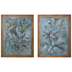 20th Century Hand-Painted Decorative Floral Panels, a Pair