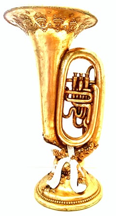 20th Century Hand Painted Gold Leaf Ceramic French Horn Center Vase