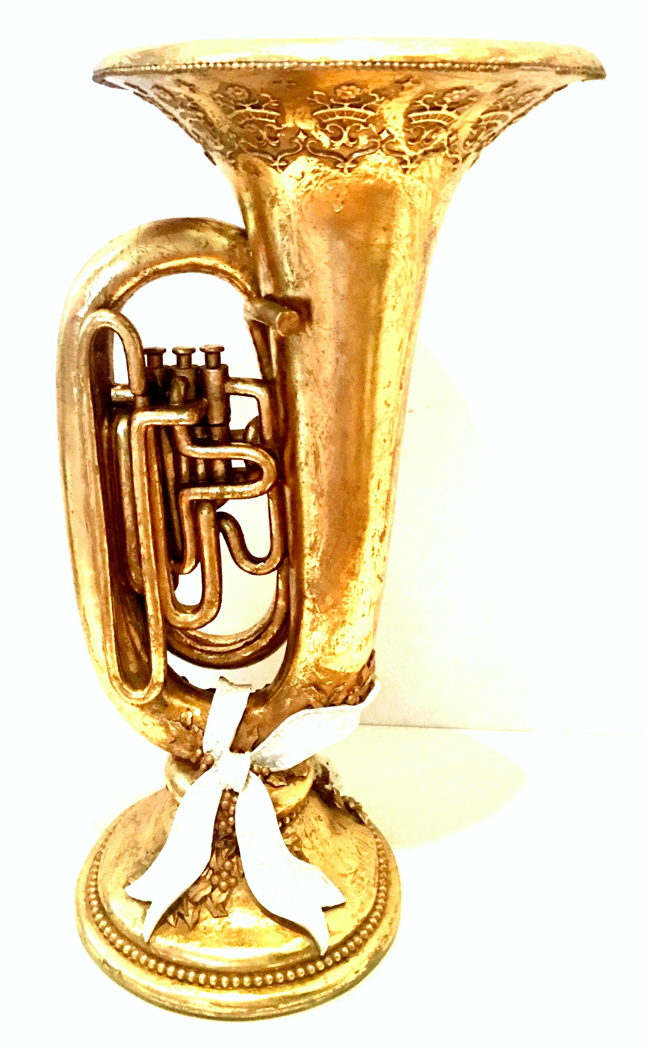 Hand-Crafted 20th Century Hand Painted Gold Leaf Ceramic French Horn Center Vase For Sale