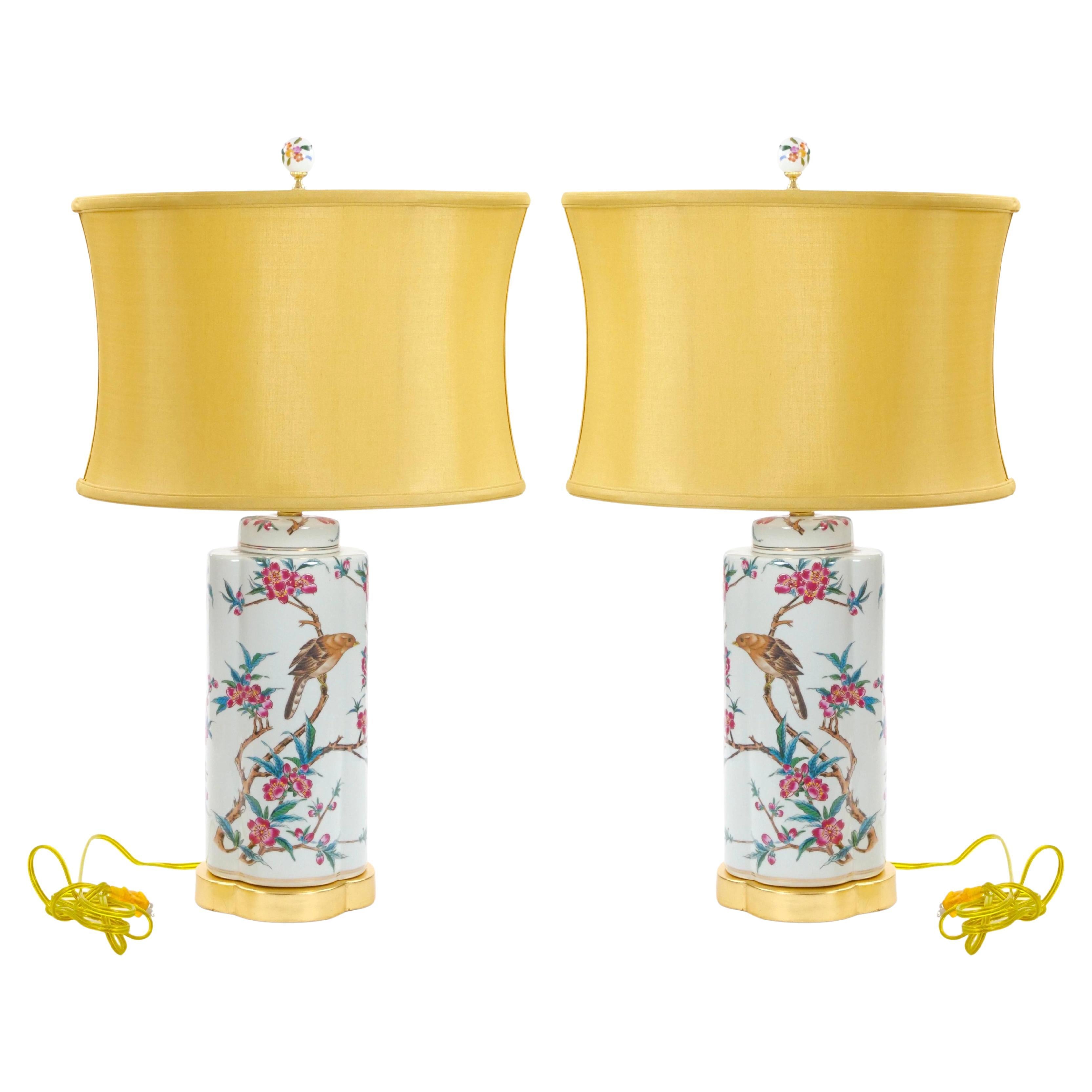 20th Century Hand-Painted Italian Porcelain Table Lamps with Gilt Wood Base
